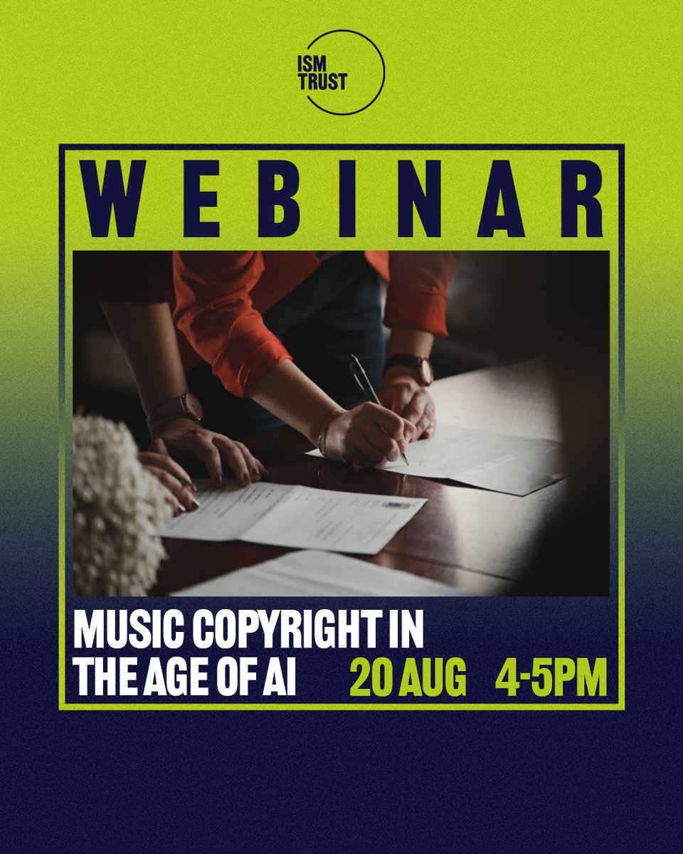 ISM_trust's tweet photo. Are you a music creator navigating the rise of AI? Join music and media lawyer Charlotte O’Mara on 20 August as we unpack the fast-evolving intersection of intellectual property and AI.

Online Webinar - register via this link: https://t.co/LqwXVTVxBg https://t.co/FSqiDbXjTf