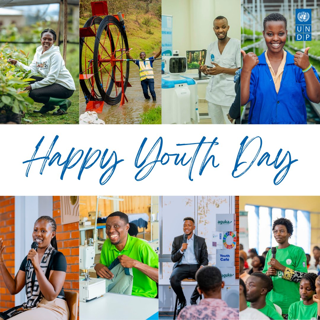 UNDP_Rwanda's tweet photo. Rising Youth, Transforming Futures!

This #YouthDay, we celebrate the unstoppable drive of Rwanda’s young minds turning local action into lasting impact for the SDGs and beyond. youths like;

Umutoniwase, President of Amizero Youth Cooperative, plants trees alongside food crops and fruits, or Uwera  a young farmer in @GatsiboDistrict using hydroponics innovations all fighting climate change while ensuring food security for their communities.

Matia in @GakenkeDistrict at Muhondo Coffee Company, part of @MakUnipod, engineered a spiral water wheel pump that give farmers a way to move water from the Cyacika River to farmland giving them sustainable irrigation for their crops and many @UR_Unipod innovators turning bold ideas into practical solutions, creating jobs and opportunities.

@Irankunda_c amazing innovator from @timbuktooafrica with @BAHO_nurseBot  is transforming healthcare through robots that support diagnosis and patient care.

And countless other young minds, from across the country, those from AGUKA initiatives to @hangapitchfest, @YouthConnekt, & @YouthConnektAf, prove that with creativity, insight, and deep community roots, youth bridge the gap between policy and practice.

Here’s to the changemakers shaping Rwanda, Africa, & the world. 

Tag a youth you know who is doing amazing work!
#IYD2025 #Youth4SDGs #SDG8 #SDG13