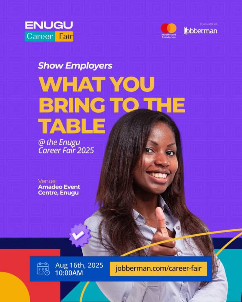 If you're in Enugu and need a job, this event is different from the usual ones. You’ll have interviews on the spot, meet big companies, get your CV reviewed, and network with important people. 

Come ready! It’s happening on August 16th. Sign up via>>>jobberman.com/career-fair