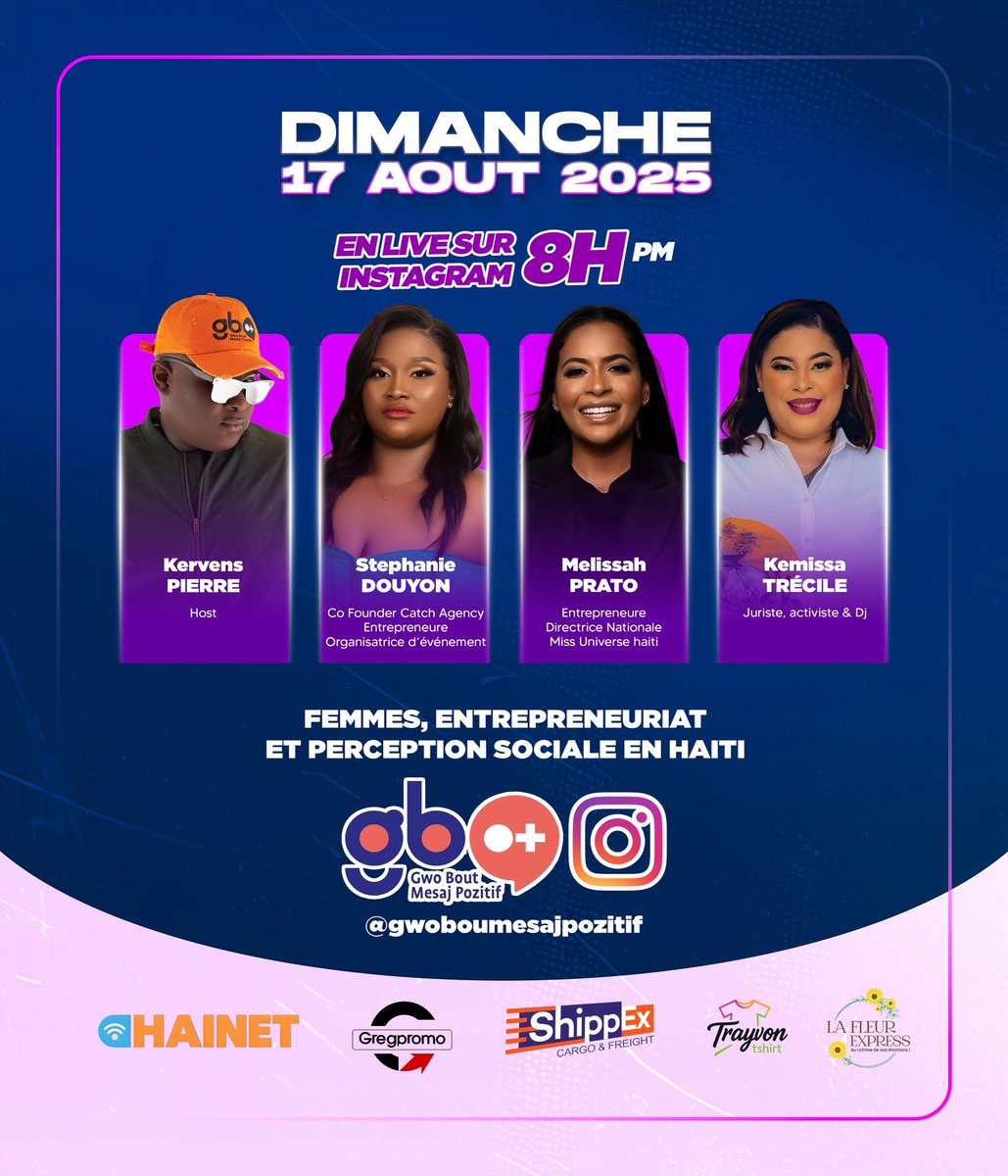 Ce dimanche 17 août à 20h, on se retrouve en direct pour un moment unique sur Instagram @gwoboutmesajpozitif  avec <a href="/stephaniedouyon/">Stephanie Douyon 🇭🇹 🦂 🦁 🐆</a> <a href="/MelissahPrato/">M-P</a> <a href="/Autop_Kemissa/">DJ KEMISSA</a> #LiveInstagram #gbmp25
