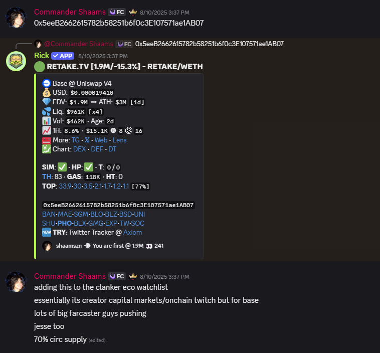 shaams's tweet photo. Base + @clankeronbase eco continues to print

Called $RETAKE with thesis in @JoinFortune at ~2m, 3xed after a direct Jesse shill

Will go higher if it gets integrated into TBA, but +ev thing to do is rotating into #clanker and USDC

As always, buy these with @basedbot: https://t.co/D9ChKMVC8c