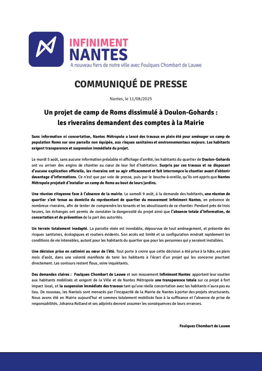 La Ville de #Nantes a dissimulé un projet de camp de Roms dans un quartier de Doulon. Cette situation est inacceptable pour deux raisons :
👉🏻Le terrain est totalement inadapté (inondable, sans aménagement, avec risques sanitaires et écologiques) ;
👉🏻Aucune information n'a été