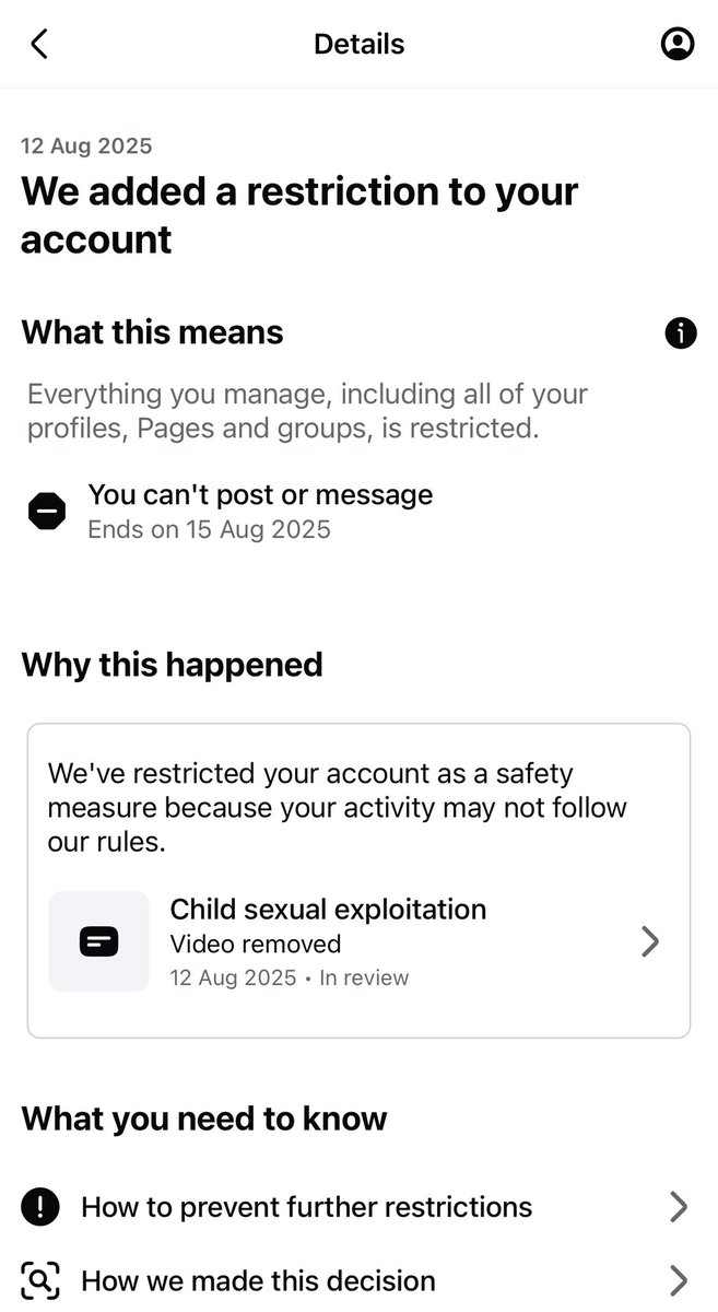 Facebook locked my account. Why? I shared this video a year ago. They’re saying I shared child sexual exploitation material. This is obviously an attempt to shadow ban and shut down my account as recently I’ve been gaining huge traction. <a href="/facebook/">Facebook</a> fix this.