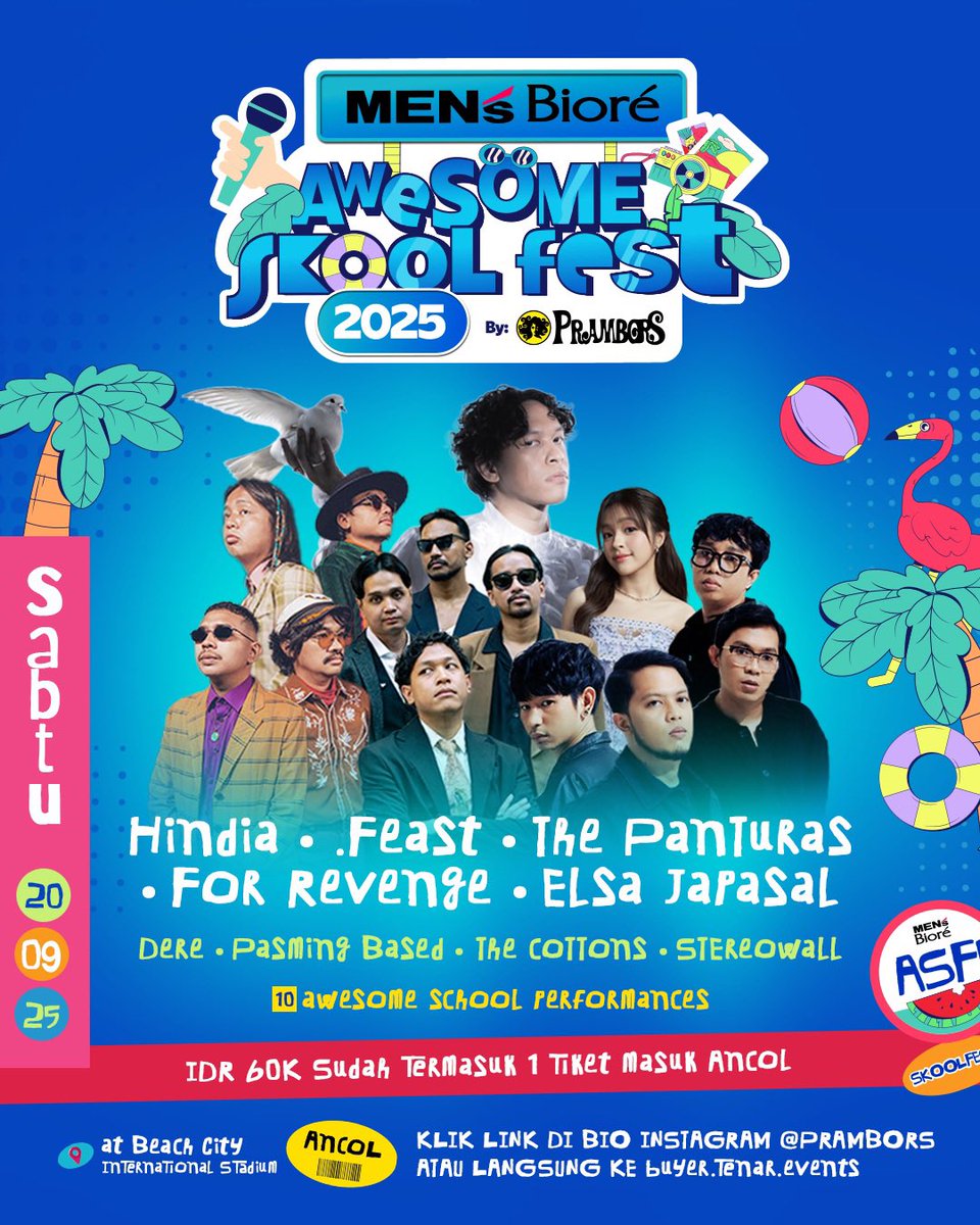 CxoMedia's tweet photo. 📣 SIAP-SIAP SUMMER FEST PALING PECAH BUAT ANAK SEKOLAH!

AWESOME SKOOL FEST IS COMING!
📍Ancol Beach City International Stadium, 20 September 2025
🎟️ Tiket cuma 60 RIBU DOANG!

Musik, pantai, sunset, dan seru-seruan bareng temen satu sekolah? GAS BELI SEKARANG sebelum kehabisan!

👉 Ticket available only on TENAR atau langsung aja klik tiketnya di link bio Instagram @prambors atau https://t.co/OsqcJs71Db!

Waktunya Putih Abu-abu

#SiapTampilAwesome #AwesomeSkoolFest2025