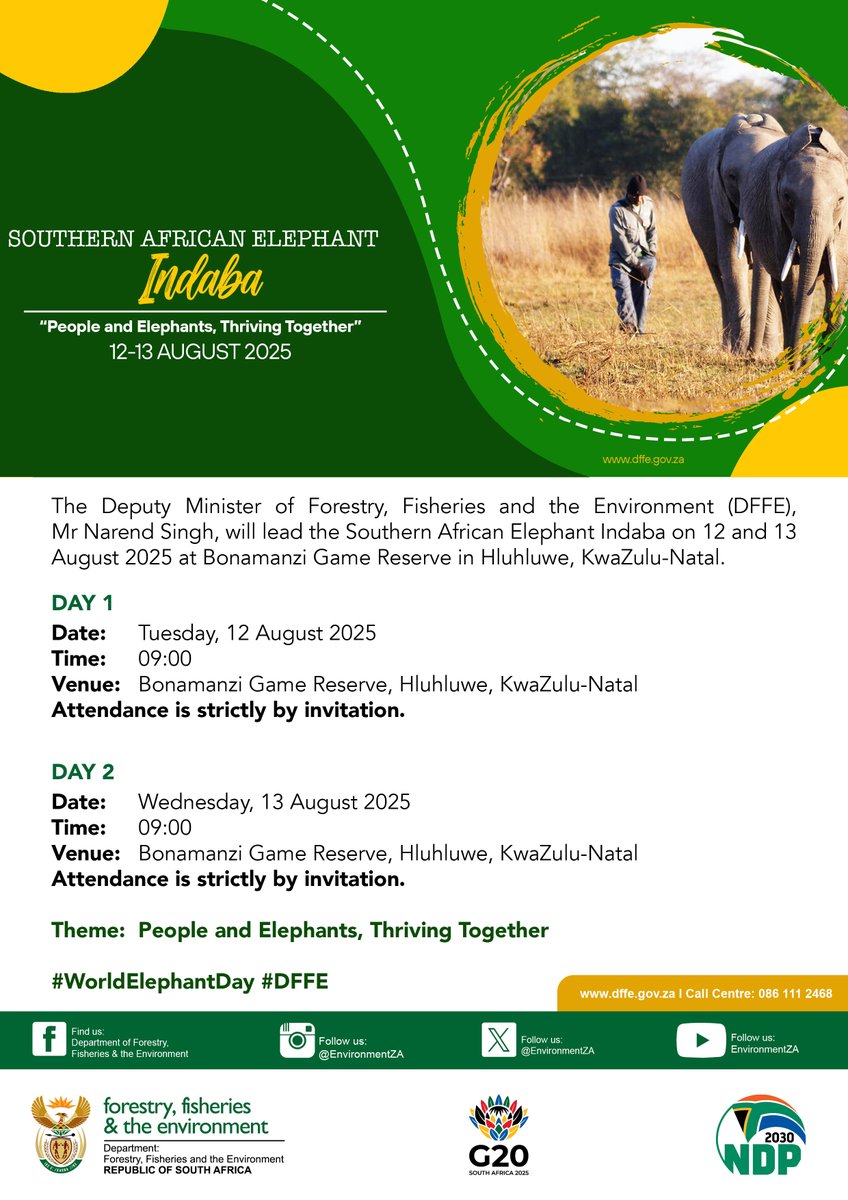 Deputy Minister Narend Singh will lead the Southern African Elephant Indaba on 12–13 August 2025 at Bonamanzi Game Reserve, Hluhluwe, KwaZulu-Natal.

Theme: People and Elephants, Thriving Together
#WorldElephantDay #DFFE