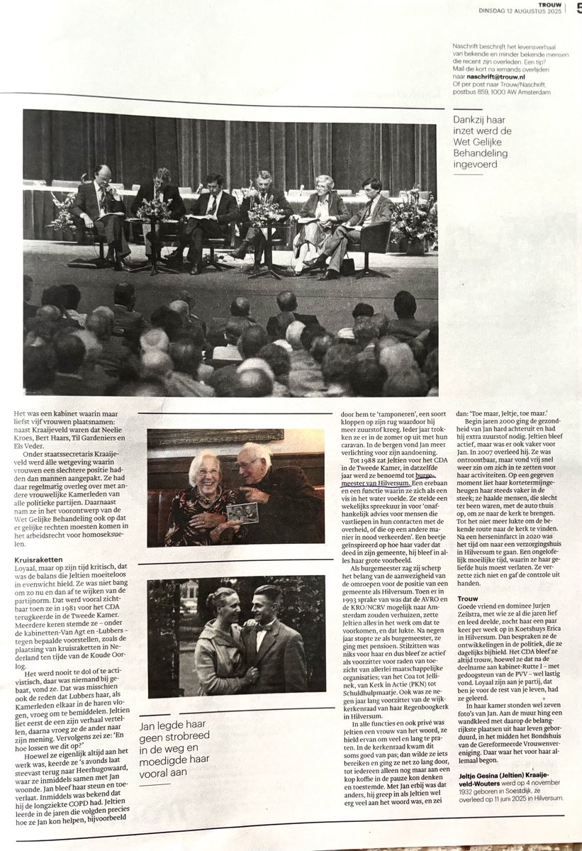 Ze was wars van ‘dat kan niet’ en had een mentaliteit van ‘het lukt best wel’. Voormalig burgemeester van #Hilversum Jeltien Kraaijeveld - Wouters (1932 - 2025).