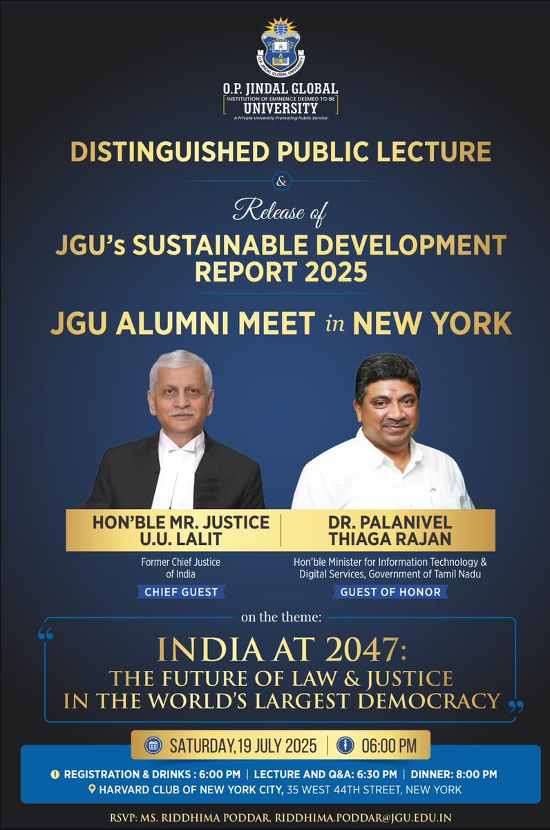 ptrmadurai's tweet photo. Honoured to deliver the Presidential Address at the JGU Alumni Meet in New York, held at the Harvard Club as part of O.P. Jindal Global University’s Distinguished Public Lecture series on “India at 2047: The Future of Law & Justice in the World’s Largest Democracy.”

Spoke alongside Hon’ble Mr. Justice U.U. Lalit, former Chief Justice of India, reflecting on how technology, federalism, and inclusive governance will shape India’s democratic journey over the next two decades.

The occasion also marked the release of JGU’s Sustainable Development Report 2025, underscoring the role of academia in fostering innovation, equity, and global cooperation.

My thanks to Prof. (Dr.) C. Raj Kumar, and the @JindalGlobalUNI team for hosting a thought-provoking evening of dialogue and exchange.