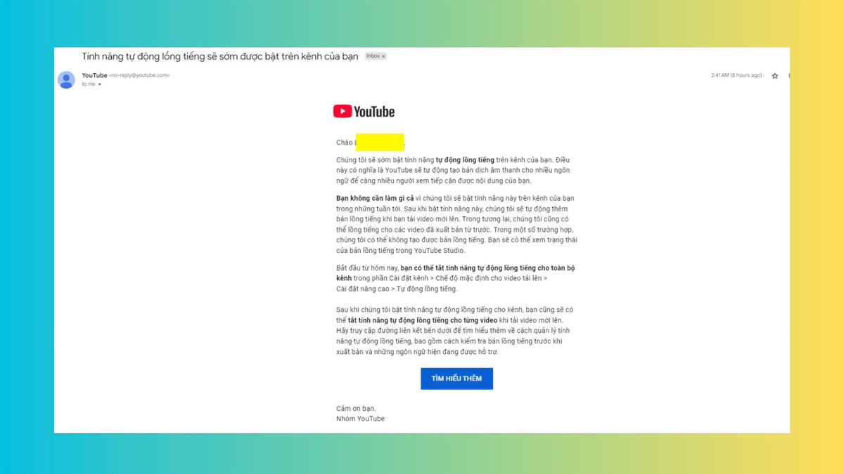 YT just notified me that my channel will soon have the automatic dubbing feature enabled. This means that viewers who don’t speak English will still be able to understand my videos.

This is such great news! 
(I guess they’re randomly selecting channels to test this new feature.)