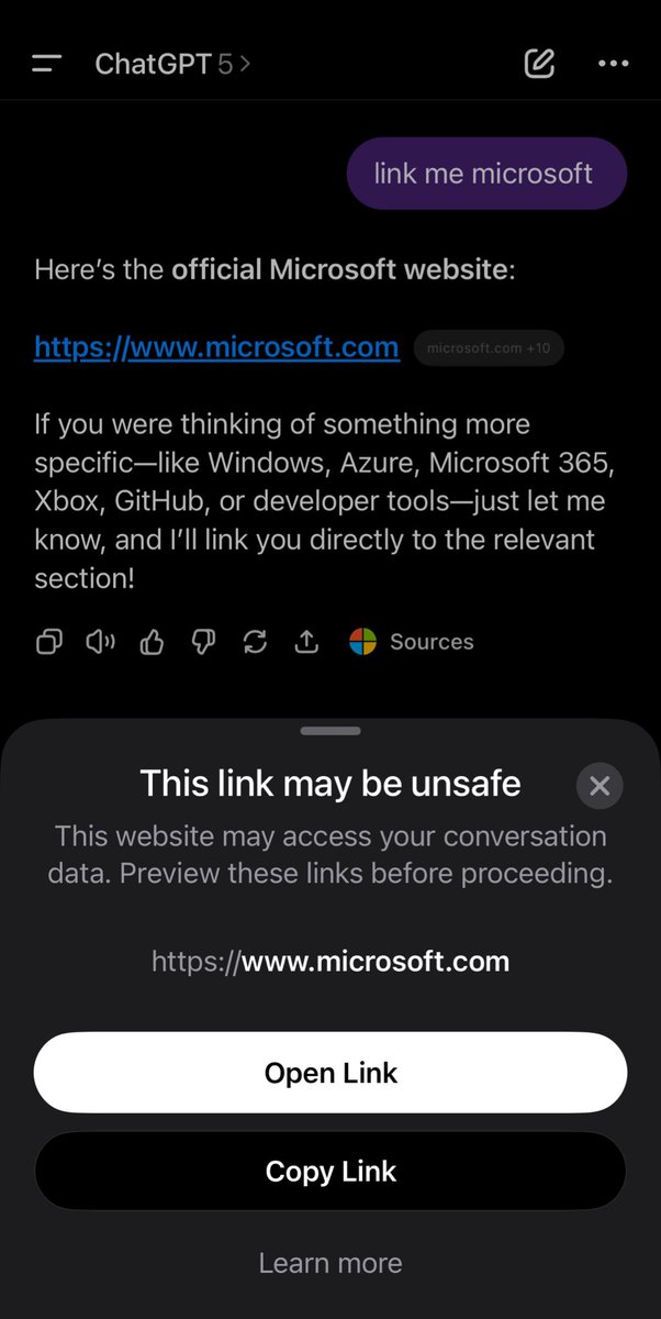 ns123abc's tweet image. LMAO EVEN 💀

turns out… sam altman IS manipulating his chatbot to harm his competitors and benefit himself 

&amp;gt; ALL websites links when asked  chatgpt are flagged as “unsafe” 
&amp;gt; but except… OpenAI 

check it out: chatgpt.com/share/689ac5c4…