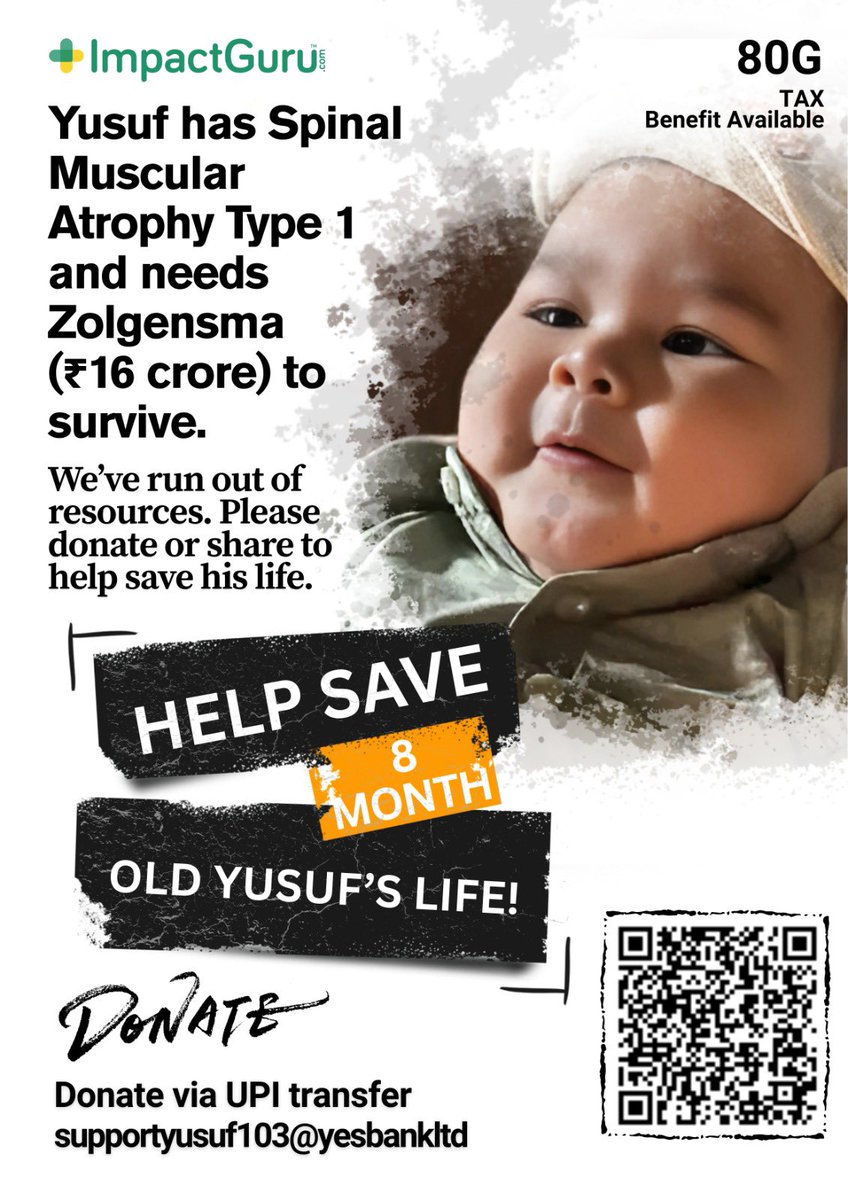 YusufHelp's tweet image. Yusuf’s tiny heart is full of dreams, but SMA is stealing his time. ⏳
Please help us fight for his life. Please donate &amp;amp; share 🙏
💖 Donate here: impactguru.com/fundraiser/hel…
#SaveYusuf #Donation #SMA @dhruv_rathee @TheJohnAbraham @timesofindia @TheShilpaShetty @BeingSalmanKhan