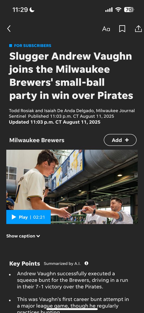 Isaiah De Anda Delgado (@isaiahddelgado) on Twitter photo “Nobody cares about the streaks…We have bigger goals than winning 74 games,” Christian Yelich said after the #Brewers won their 10th straight game
Writing power couple <a href="/Todd_Rosiak/">Todd Rosiak</a> & I — his words — have some takeaways from tonight’s big win
jsonline.com/story/sports/m… “Nobody cares about the streaks…We have bigger goals than winning 74 games,” Christian Yelich said after the #Brewers won their 10th straight game
Writing power couple <a href="/Todd_Rosiak/">Todd Rosiak</a> & I — his words — have some takeaways from tonight’s big win
jsonline.com/story/sports/m…