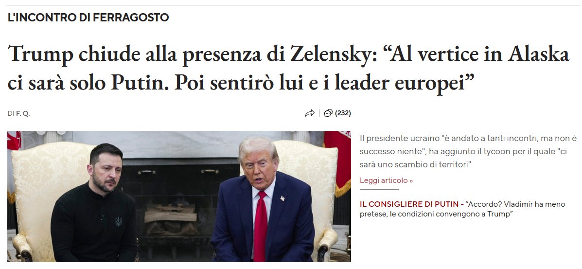 Signore e signori è definitivo. 
L'Europa non conta niente. 
L'unica cosa che conta sono i soldi (nostri e tanti) regalati al burattino ucraino, per soddisfare le bramosie di guerra della peggior classe politica di sempre. 
#Trump 
#Putin 
#AlaskaMeeting 
#12agosto