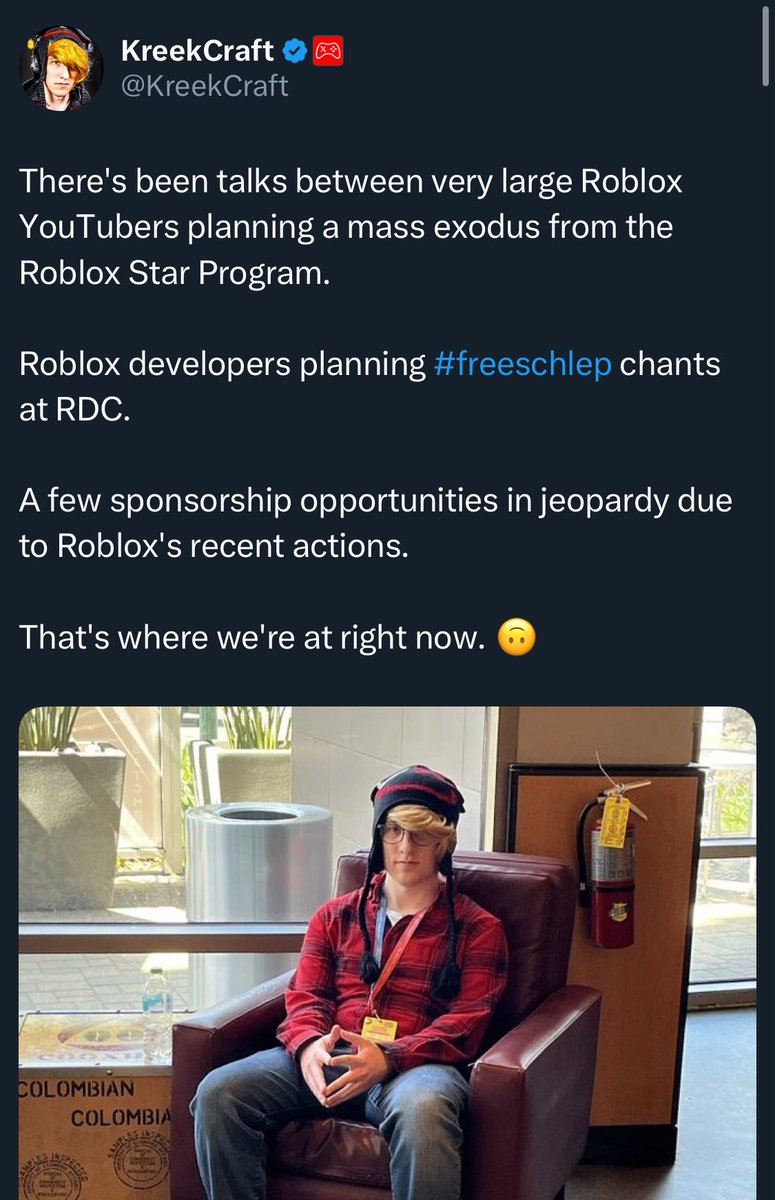 RoGameNews's tweet photo. Many Roblox YouTubers (such as @KreekCraft) are planning to LEAVE the Roblox “Video Star Program” along with skipping the “Roblox Developer Conference 2025” this year. 🚨

#RobloxDevs #RobloxDev #Roblox #Breaking #FreeSchlep #YouTube https://t.co/yBeiJpu7TZ
