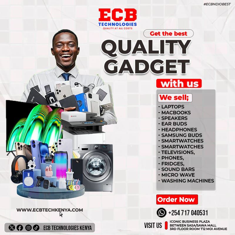 What are you selling today?

Get the best quality gadgets from us including but not limited to laptops, speakers, accessories, phones, TVs, etc.

Visit us on the 3rd Floor of Iconic Business Plaza, Room T12 or call us on 0717040531 or check out ecbtechkenya.com