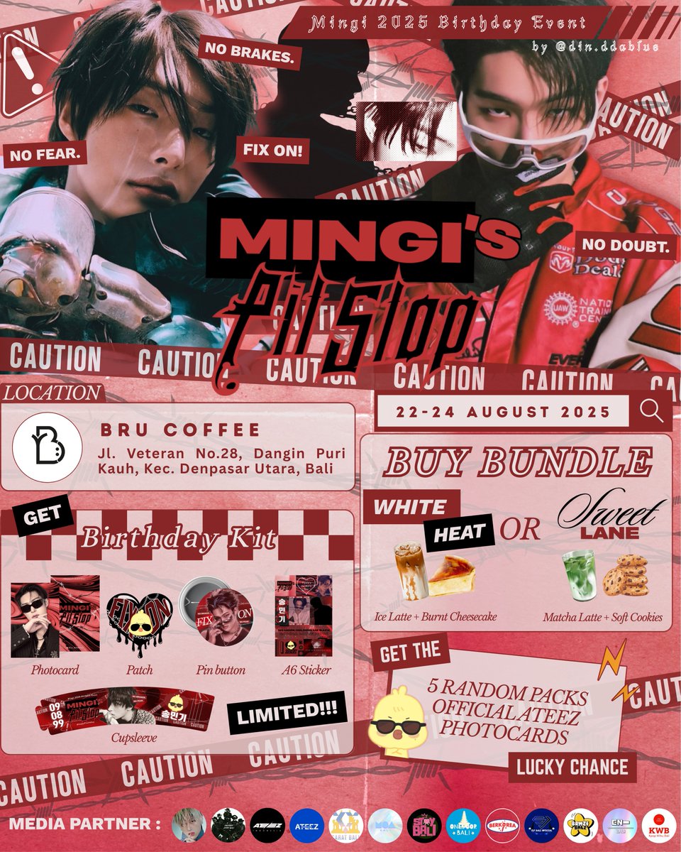 dindindablue's tweet photo. 🏁 MINGI’S PIT STOP 🏁
ATEEZ Mingi’s B’day Cafe by @dindindablue
📍 Bru Coffee Denpasar | Aug 22–24
⚙️ How to join:
Buy 1 of 2 bundles of food and drink to claim your freebies
⚠️ LIMITED PACKS
🎁 5 random packs contain OFFICIAL photocard!
#FixOn #MingiDay #MingisPitStop https://t.co/1OCVEaLdnq