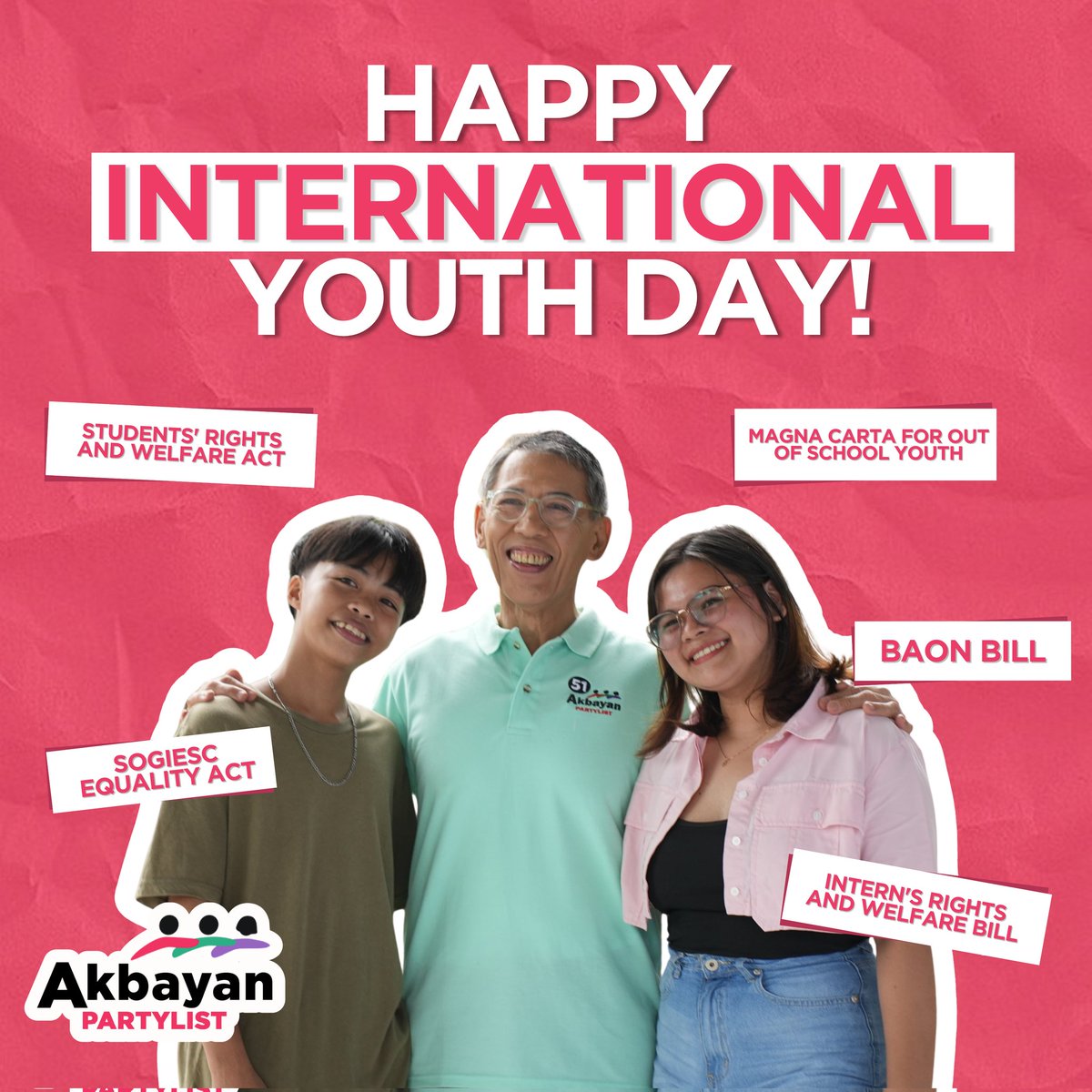 #51AkbayanPartylist (@akbayanparty) on Twitter photo ๐ฌ๐ข๐จ๐๐ต ๐๐๐ฉ๐ ๐ง๐๐ ๐ฃ๐ข๐ช๐๐ฅ! ๐
Happy International Youth Day! Pinatunayan ng mga Cheldren noong Mayo na kayo na ang bubuo ng kasalukuyan at hinaharap ng ating bayan.
Kaya't tuloy-tuloy at sama-sama tayong mag-akbayan para sa mas progresibong bukas. ๐ฅฐ๐ ๐ฌ๐ข๐จ๐๐ต ๐๐๐ฉ๐ ๐ง๐๐ ๐ฃ๐ข๐ช๐๐ฅ! ๐
Happy International Youth Day! Pinatunayan ng mga Cheldren noong Mayo na kayo na ang bubuo ng kasalukuyan at hinaharap ng ating bayan.
Kaya't tuloy-tuloy at sama-sama tayong mag-akbayan para sa mas progresibong bukas. ๐ฅฐ๐