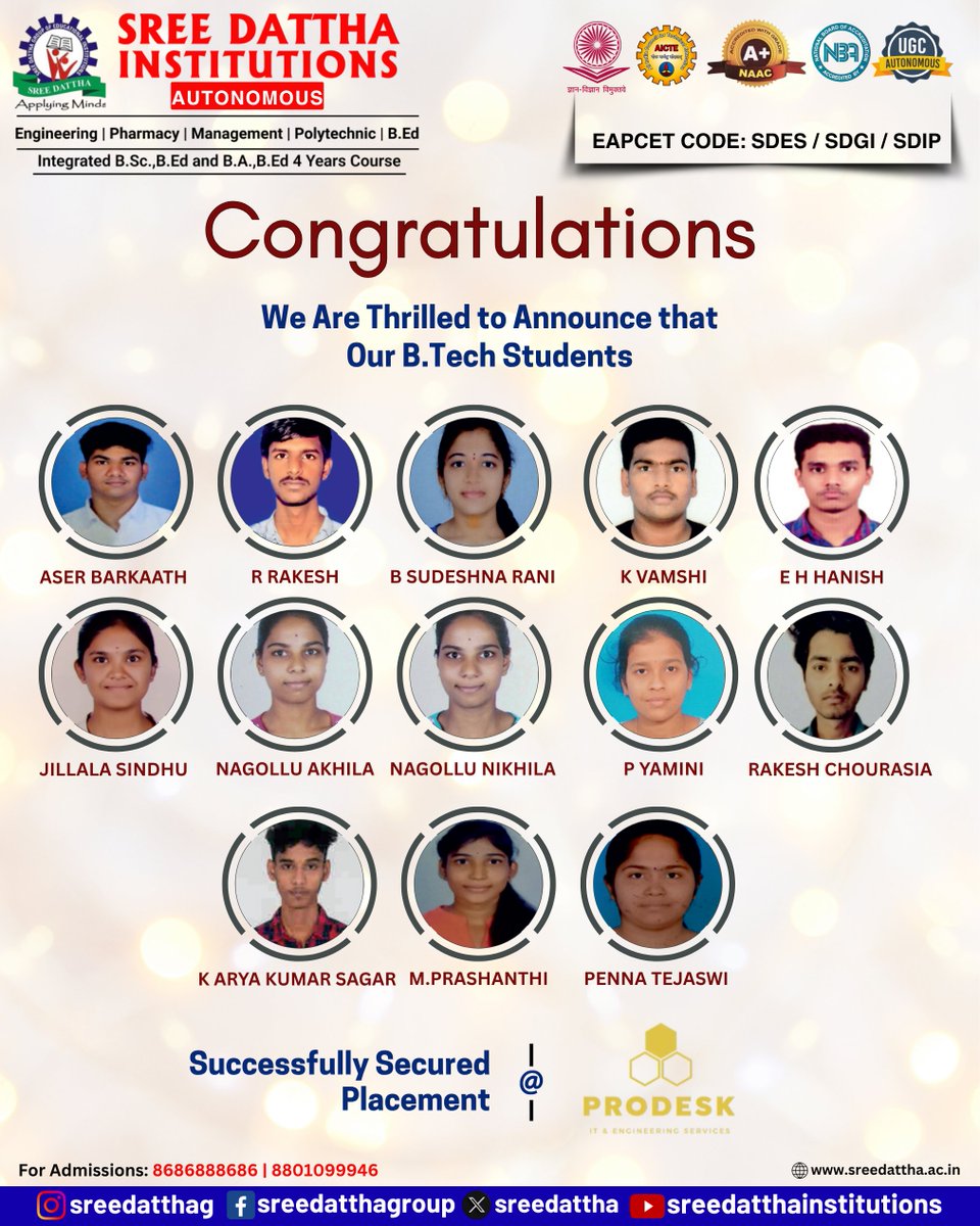 SreedatthaG's tweet photo. 🌟 Turning Dreams into Offers! 🌟
Our talented https://t.co/jocRm6EQ57 students have proudly secured placements with Prodesk.
📢 Admissions for 2025-26 are now open!
📞 Contact: 8686888686 | 8801099946
#SDES #SDGI #SreeDatthaInstitutions https://t.co/cDYrOiphuP