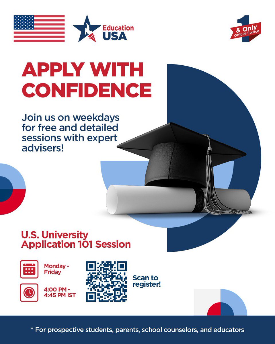 EdUSA_India's tweet photo. Dreaming of studying in the U.S.? Get expert guidance LIVE — from the comfort of your home! 

Join our free, virtual U.S. University Application 101 Sessions, held live every weekday, Monday to Friday from 4 PM- 4:45 PM IST! 

Hosted by EducationUSA - the official source on U.S. higher education- these interactive sessions walk you through the admissions process and give you the chance to ask your questions in real time from EducationUSA advisers.

Who can attend? Prospective undergraduate and graduate students, parents, school counselors, and educators looking for accurate, reliable, and up-to-date information on studying in America.

Free of cost | Virtual sessions | Join from anywhere!

Prior registration required! Join us LIVE by clicking the link in bio

Take the first step toward your U.S. education journey with guidance from the most trusted source—EducationUSA! 

#EducationUSA #StudyInUSA #EdUSAAdviser #AskAnAdviser #StudyWithUS #EducationUSAIndia