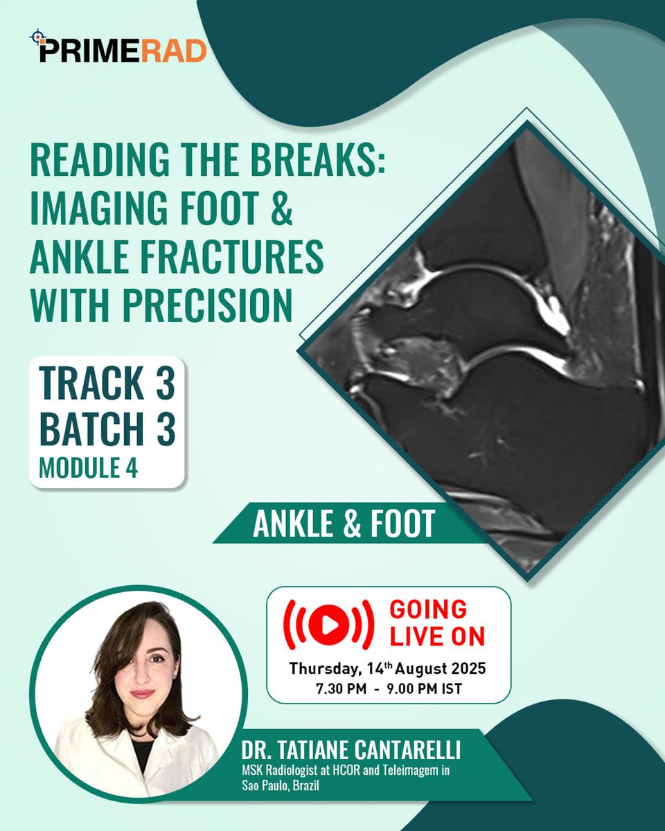 PrimeFellowship's tweet image. ▶️Don&apos;t miss this #LiveClass Master the art of spotting even the slightest fracture—deep dive into ankle and foot imaging with Dr. Tatiane Cantarelli’s expert insights. 

#PrimeRad #FacultySpecial  #RadiologyExcellence #AnkeAndFoot #Fractures