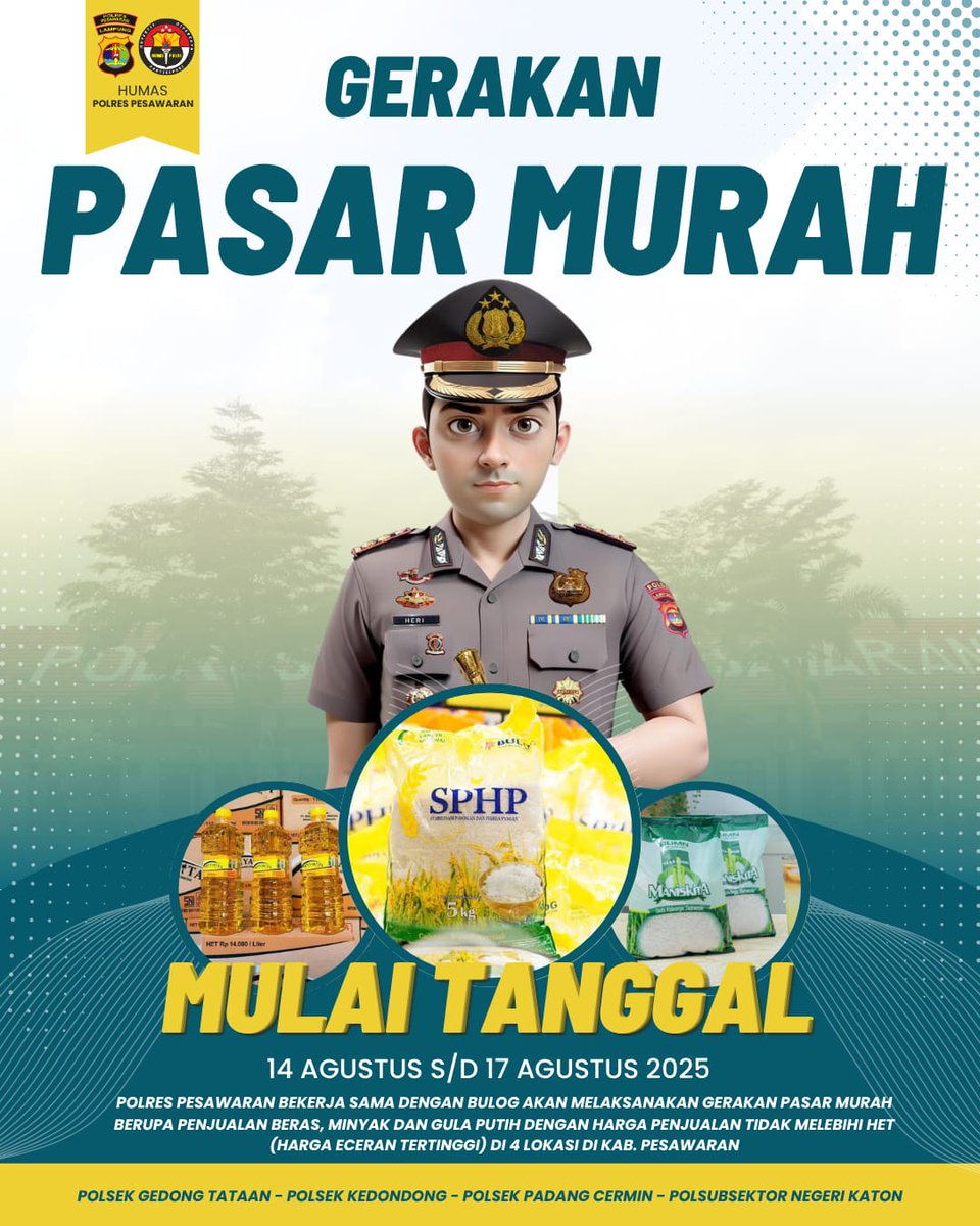 Humaspolsekked1's tweet photo. Gerakan Pasar Murah Polres Pesawaran dan Bulog Dari Tanggal 14-17 Agustus 2025
.
Polres Pesawaran Solid
.
@ini.polisi
@spripimpolri
@polisi_indonesia
@humas_poldalampung
@divisihumaspolri
.
#kapolri
#poldalampung
#infokiyai
#pesawaran
#polripresisi
#polrespesawaran
# https://t.co/nPDvb3qFJH