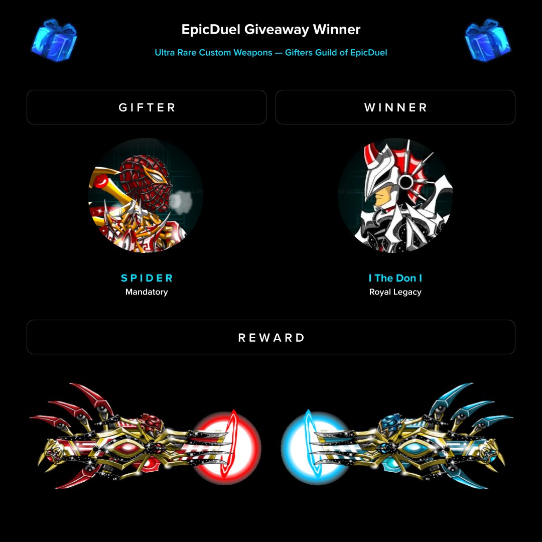 Xap (@edxap) on Twitter photo EpicDuel Giveaway Results — #EDCodes
• 🤍 Entries » 72 Players
• 🏆 Winner » The Don (<a href="/Ninja69L/">NINJA69LOVER</a>)
• 🕸️ Gifter » Spider (<a href="/splderED/">S P I D E R</a>)
• 🪙 Custom » Balfouri and Bishopi EpicDuel Giveaway Results — #EDCodes
• 🤍 Entries » 72 Players
• 🏆 Winner » The Don (<a href="/Ninja69L/">NINJA69LOVER</a>)
• 🕸️ Gifter » Spider (<a href="/splderED/">S P I D E R</a>)
• 🪙 Custom » Balfouri and Bishopi