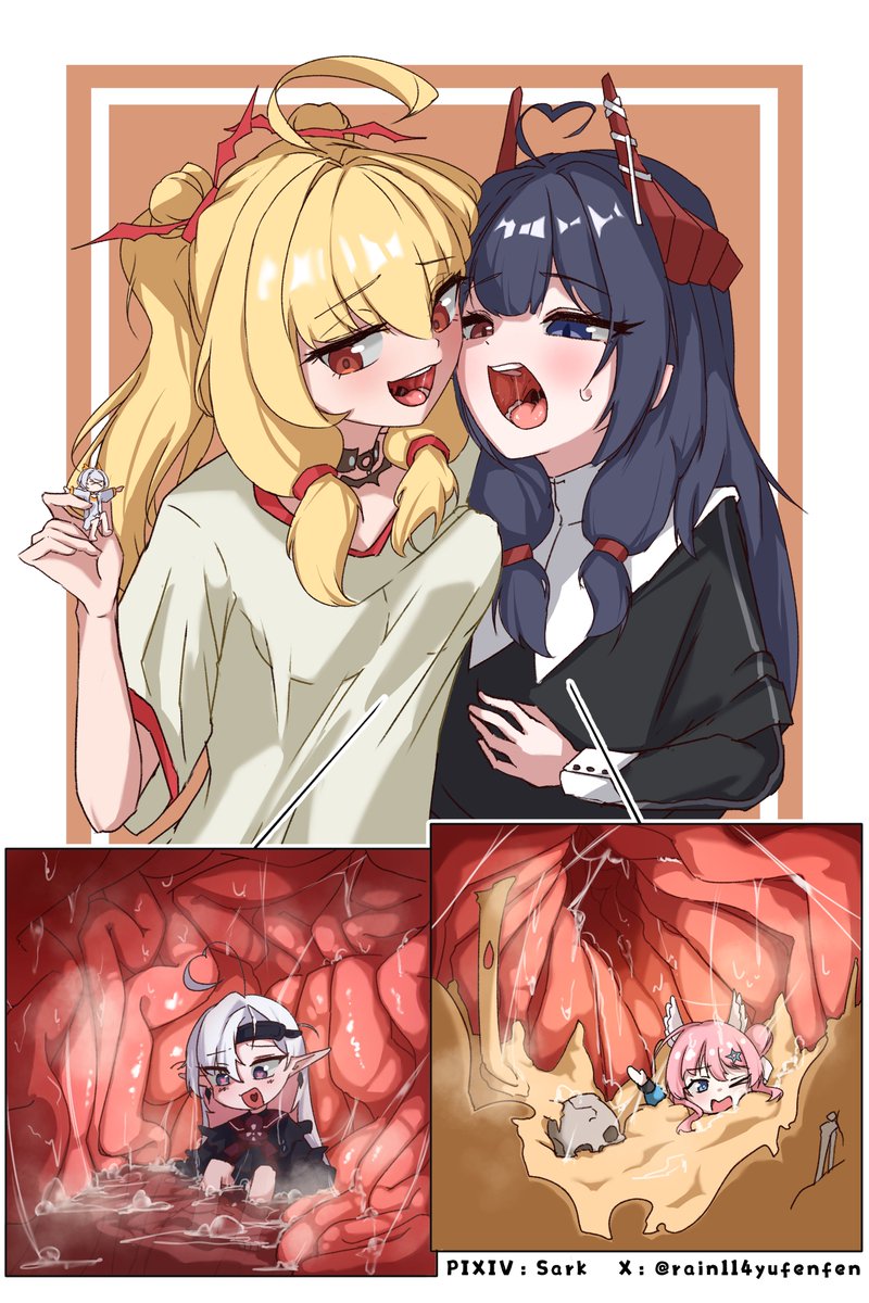 最近的练习，画了自己和朋友的oc！
接下来一段时间内要进入学习状态了，无法保证更新，等我学成归来给大家带来更多作品！
ദ്ദി˶•̀֊•́)✧
#vore  #丸呑み