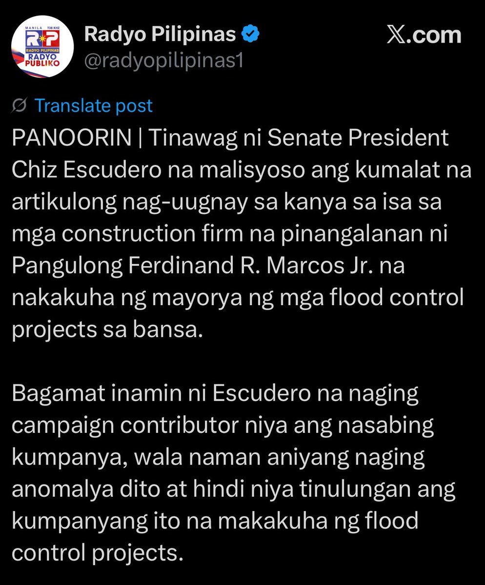 jesusfalcis's tweet photo. DID SENATOR CHIZ ESCUDERO VIOLATE THE LAW BY ACCEPTING DONATIONS FROM A CONTRACTOR?

Lawrence R. Lubiano — the president of Centerways Construction and Development Inc. — was Escudero’s top donor in the 2022 elections, dropping P30 million into the senator’s campaign funds, based on his official Statement of Contributions and Expenditures (SOCE).

Sariling SOCE ni Chiz yan. Siya ang gumawa at nag fill out ng SOCE niya.

Walang pumilit kay Chiz na isulat ang pangalan ni Lawrence Lubiano at i-declare na nag donate si Lubiano ng P30 Million pesos sa kanya.

Ngayon, inaamin ulet ni Chiz na kumuha nga siya ng donations mula kay Lubiano pero sabi niya wala daw masama dito.

Basahin natin ang Section 95 (c) ng Omnibus Election Code:

“SECTION 95. Prohibited contributions. – No contribution for purposes of partisan political activity shall be made directly or indirectly by any of the following:

(c) Natural and juridical persons who hold contracts or sub-contracts to supply the government or any of its divisions, subdivisions or instrumentalities, with goods or services or to perform construction or other works;”

Klaro di ba?

Kung contractor ka, bawal na mag donate sa pulitiko. Kung pulitiko ka, bawal ka tumanggap sa contractor.

Pano ba yan Chiz, sabi nga nila ang isda nahuhuli sa sariling bibig.

Ay nde ka pala malansang isda. Bulok ka na keso!

Oh siya PBBM, kasuhan mo na si Chiz forthwith!

#Forthwith
#ChizEscudero
#ConflictOfInterest