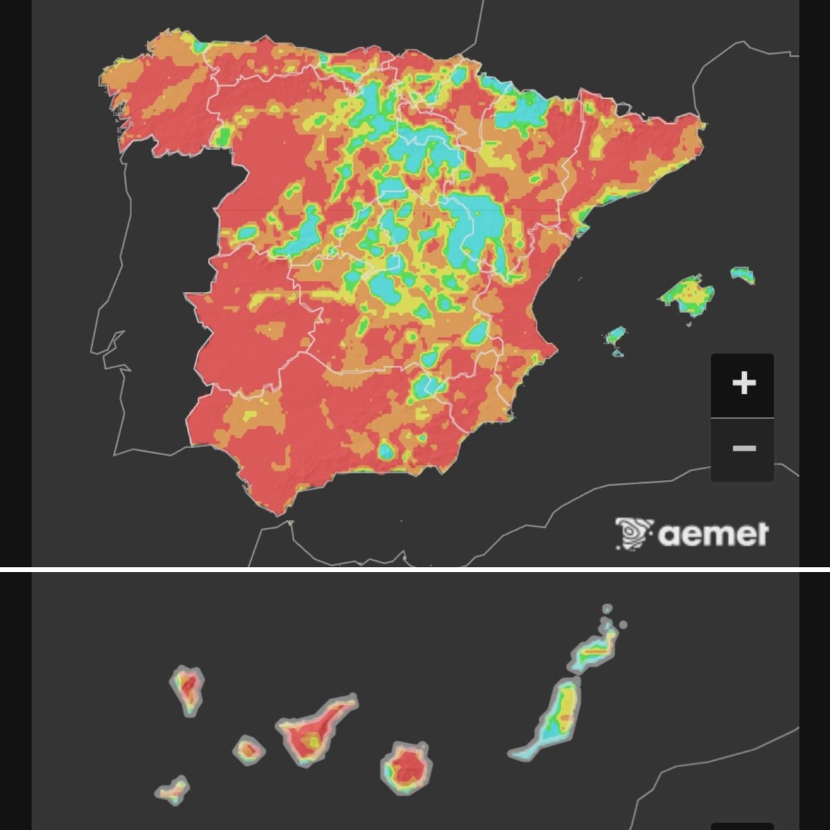 13 de agosto | Riesgo de incendios forestales #IIFF en #España🇪🇸 | AEMET
🔴extremo
🟠muy alto
🟡alto
🟢moderado
🔵bajo