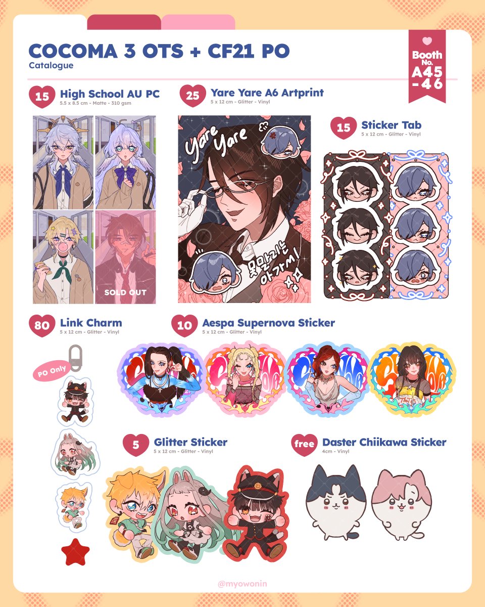 ((RT&amp;like=🩷))
helo i opened a joint PO for cocoma 3 and cf21 c:
12-22 august 2025

📦 cocoma 3 pickup (paper only) + cf21 batch 1
📍 cocoma booth no. A45-46
💗 hsr, genshin, zzz, black butler, jibaku shonen, etc

products (1/2)
more info in the replies ♡