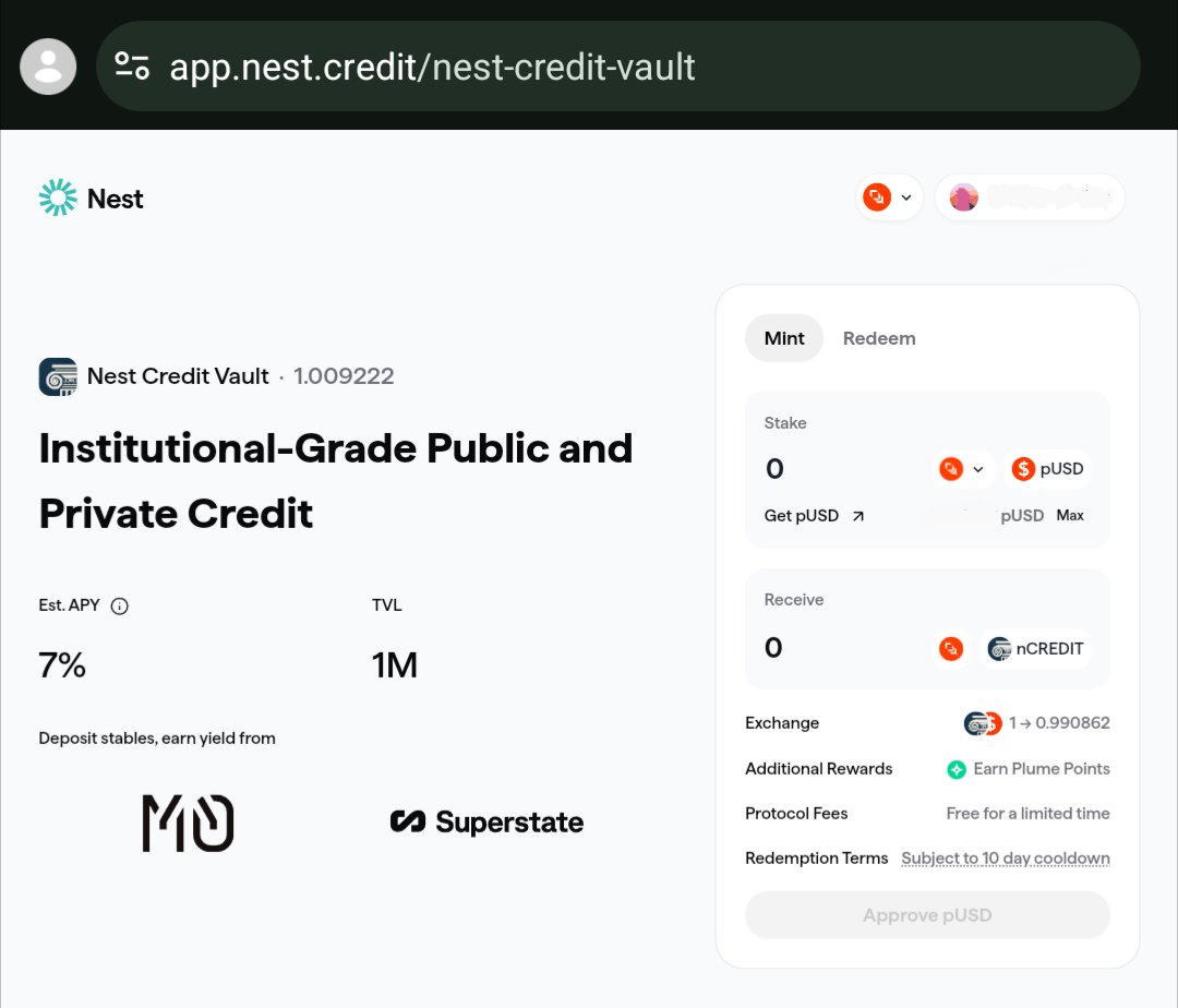 0dinweb3's tweet photo. no sleeping. always plume-ing 🪶

welcome to tuesday.
starting out the day with a little @NestCredit
interaction. 

get exposure to RWA on @plumenetwork https://t.co/QuvKNFEBkR