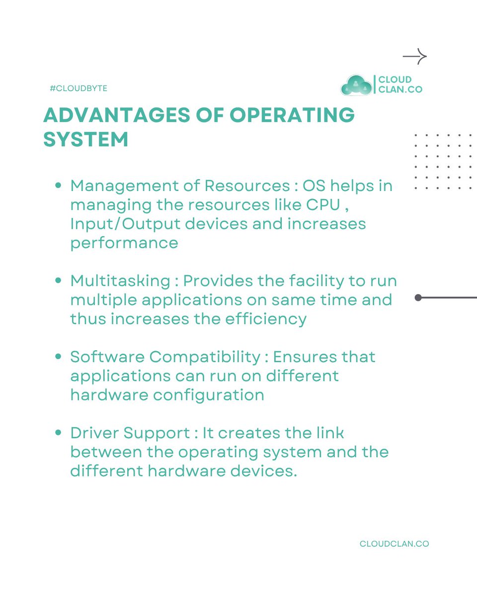 cloudclan_co's tweet photo. Advantages of An Operating System 
#CloudClan #CloudComputing #CloudByte #DevOps #OS #OperatingSystem https://t.co/3ATOkHCCmE