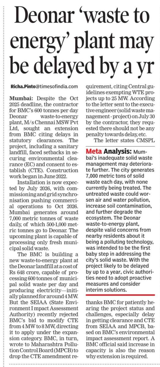 richapintoi's tweet image. The wait for a Waste to Energy Plant at Deonar (WTE) also to be Mumbai’s first has only got longer. The contractor in a letter sent to @mybmc last week has said that completion of the project is unlikely by Oct 2025 as was targeted. More below.
