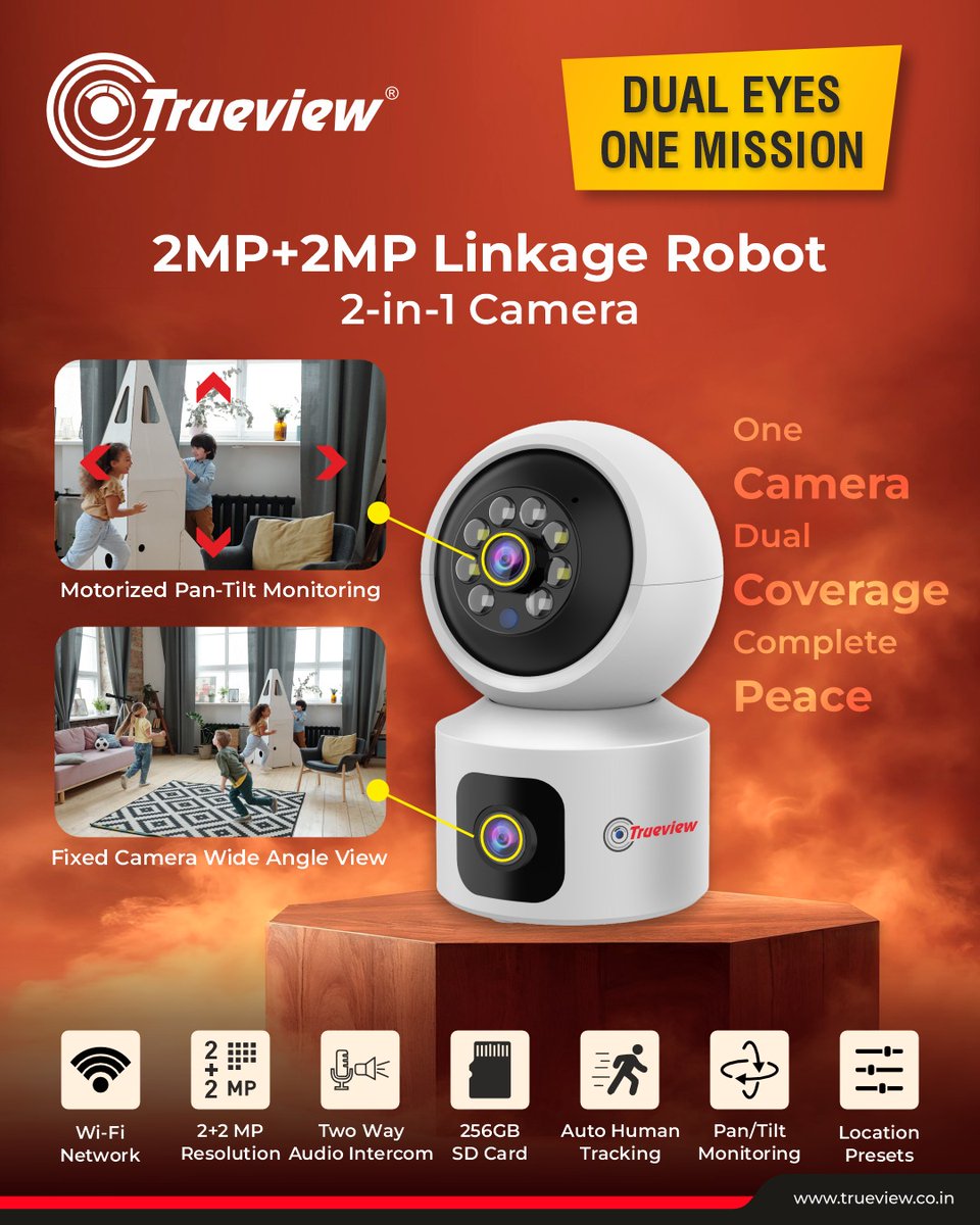 Trueview_India's tweet image. One camera. Double the vision. Infinite protection.✨
Our 2MP+2MP Linkage Robot Camera offers pan-tilt control + fixed wide-angle view for 24/7 coverage.
Stay connected &amp;amp; protected — anytime, anywhere. ⭐️
#TrueviewSecurity #DualEyesOneMission #SmartHomeSecurity #PanTiltCamera