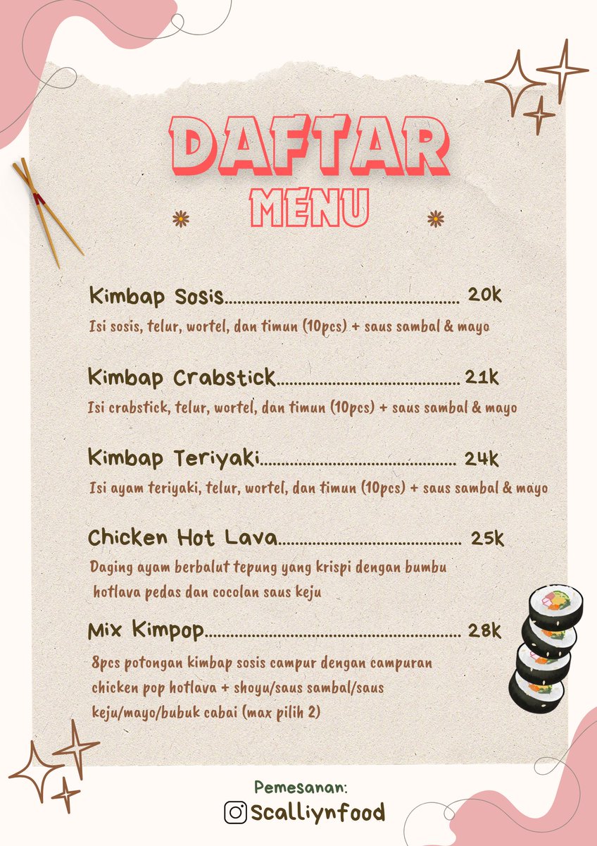 scalliyn's tweet photo. 『1』. Menu  

Detail: 
• Menu Kimbab sudah include saus sambal dan mayones 
• Menu Chicken pop hot lava sudah include saus keju  
• Menu Mix kimpop mendapat 2 saus bebas pilih dengan pilihan sebagai berikut; saus sambal, saus keju, mayones, shoyu, dan bubuk cabe. https://t.co/zO2CdJNtbl