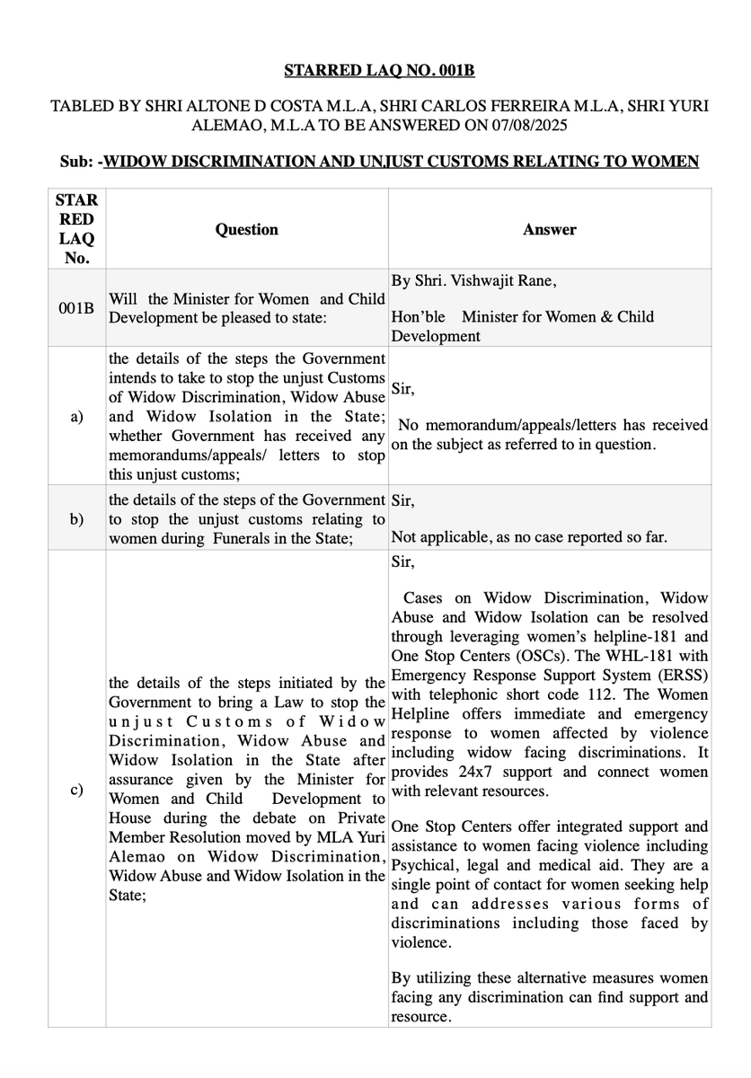 We4NoExclusion's tweet photo. Very disheartening! Extant mechanism is sufficient to handle cases was the answer given in the Assembly to the LAQ asking if Goa Govt has taken any initiative to bring   Law to stop the unjust customs of Widow #Discrimination, #widow  Abuse and Widow Isolation in the State https://t.co/H2NbFJ8B3n