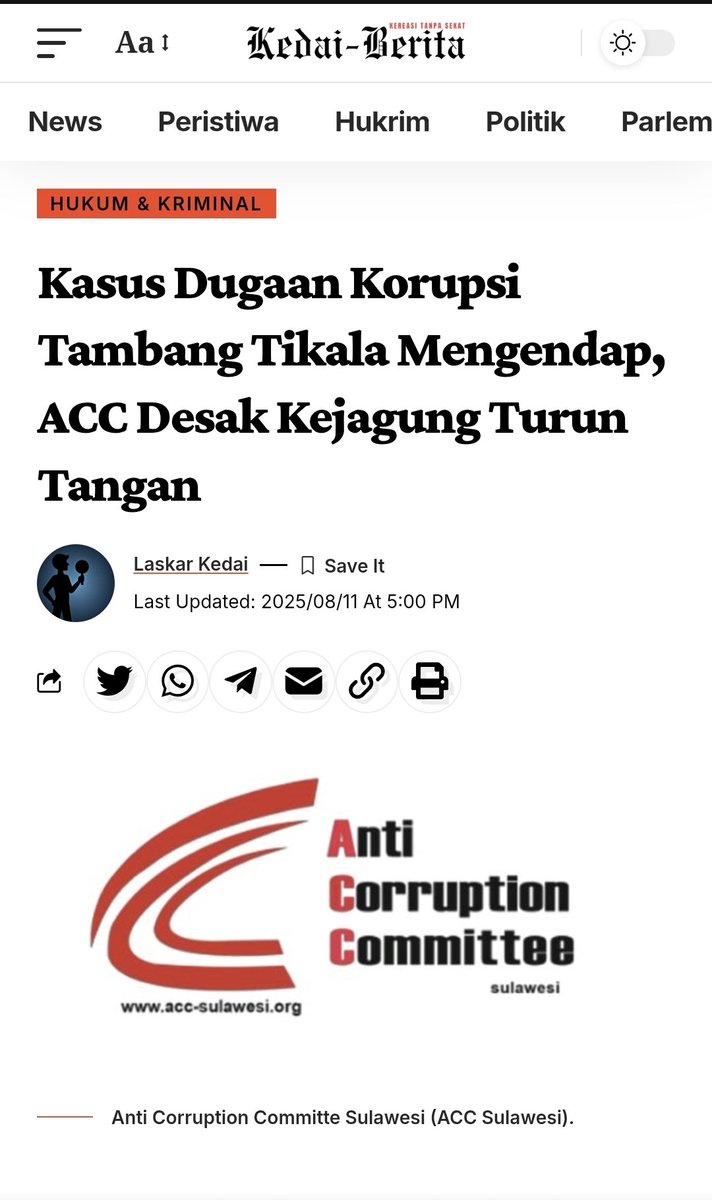 ACC Sulawesi : Kejagung segera melakukan supervisi dan evaluasi terhadap penanganan dugaan tindak pidana korups tambang di tikala toraja utara yg saat ini ditangani kejati sulsel 

kedai-berita.com/2025/08/11/kas…