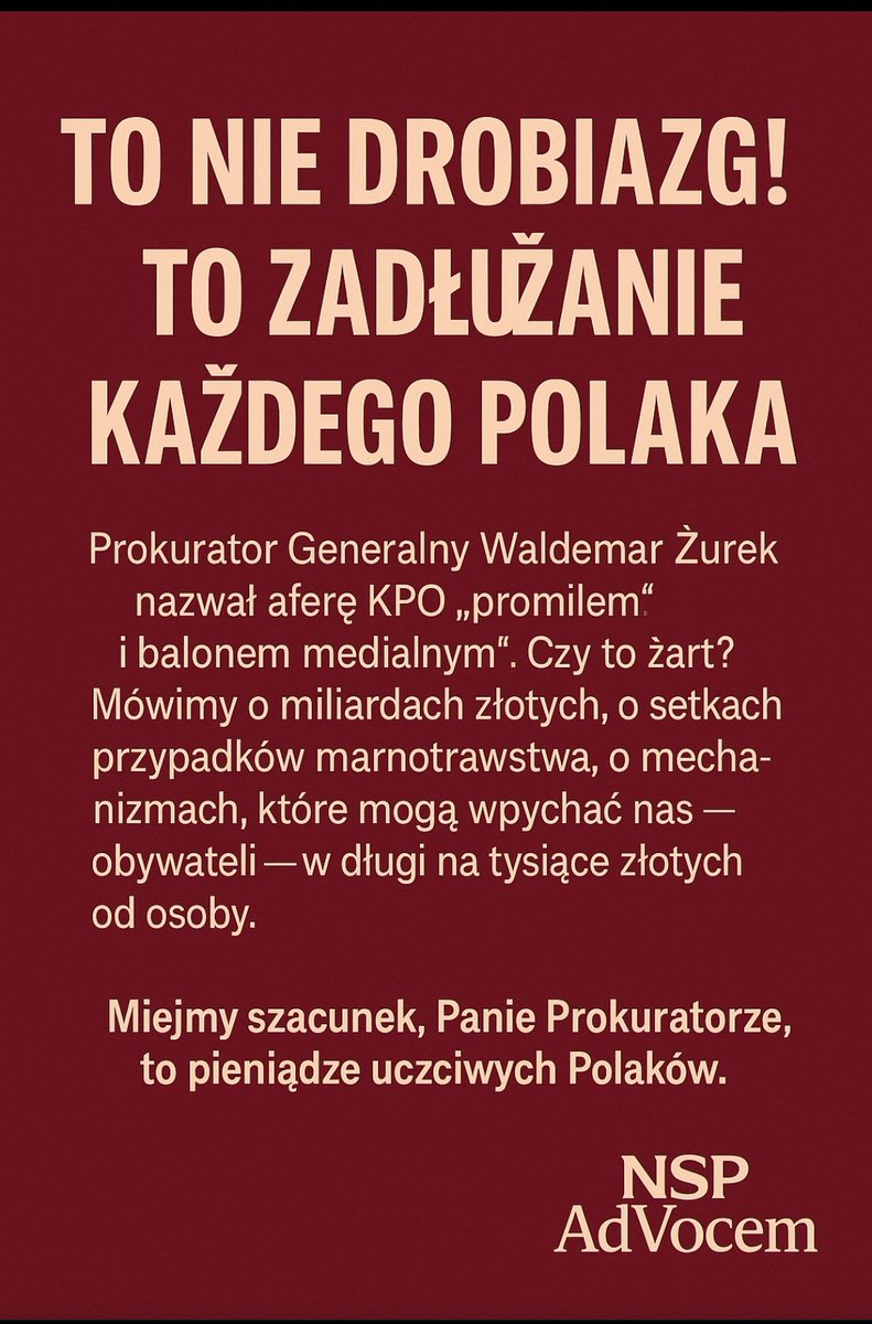 Stowarzyszenie Ad Vocem (@stadvocem) on Twitter photo polsatnews.pl/wiadomosc/2025…
📢‼️To nie „drobiazg”! To zadłużanie każdej Polki i każdego Polaka!
‼️Prokurator Generalny Waldemar Żurek w wywiadzie dla <a href="/PolsatNewsPL/">PolsatNews.pl</a> nazwał aferę KPO "drobiazgiem" „promilem” i „balonem medialnym”.
⁉️ Czy to żart. Kiepski raczej...
Mówimy o polsatnews.pl/wiadomosc/2025…
📢‼️To nie „drobiazg”! To zadłużanie każdej Polki i każdego Polaka!
‼️Prokurator Generalny Waldemar Żurek w wywiadzie dla <a href="/PolsatNewsPL/">PolsatNews.pl</a> nazwał aferę KPO "drobiazgiem" „promilem” i „balonem medialnym”.
⁉️ Czy to żart. Kiepski raczej...
Mówimy o