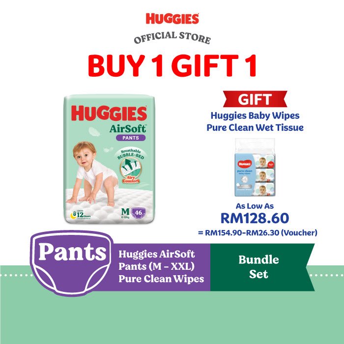 AnaqiStudio's tweet photo. 🩲 Nak jimat sambil belikan pampers untuk si manja?Huggies AirSoft Pants tengah ada promo best gila! 🎁Beli 1, Dapat 1 Hadiah – siap dapat tisu basah Pure Clean sekali 😍Harga pun cun, serendah RM128.60 lepas apply baucar 💸
Saiz M sampai XXL pun ada!
https://t.co/bUYUCFLZoW https://t.co/5T14eKkIux