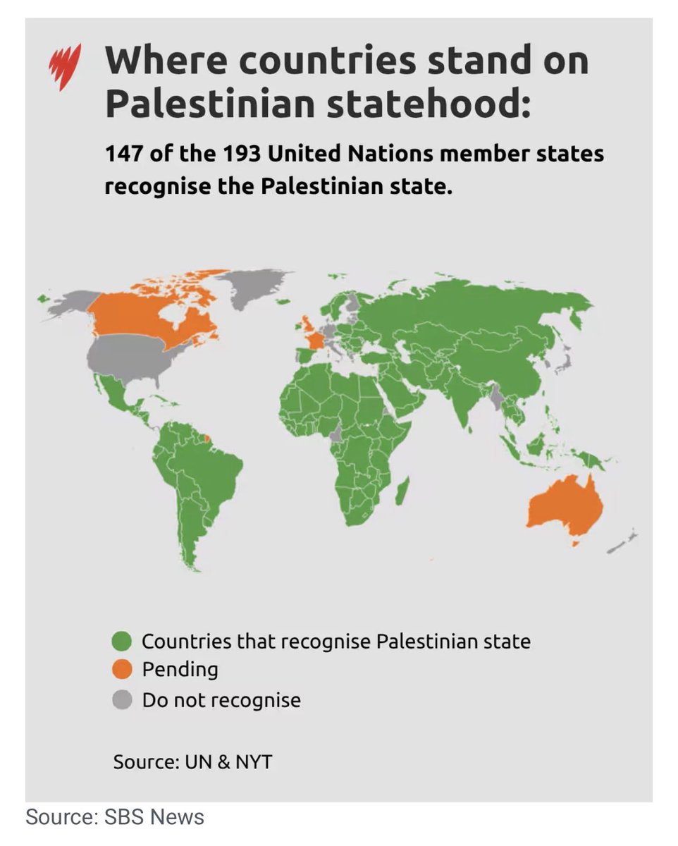 Australia will recognise a state of Palestine when the United Nations' General Assembly meets in September. Canada, the UK and France have made similar announcements in recent weeks; of the 193 UN member states, 147 already recognise Palestinian statehood.

Sources: 

Statement
