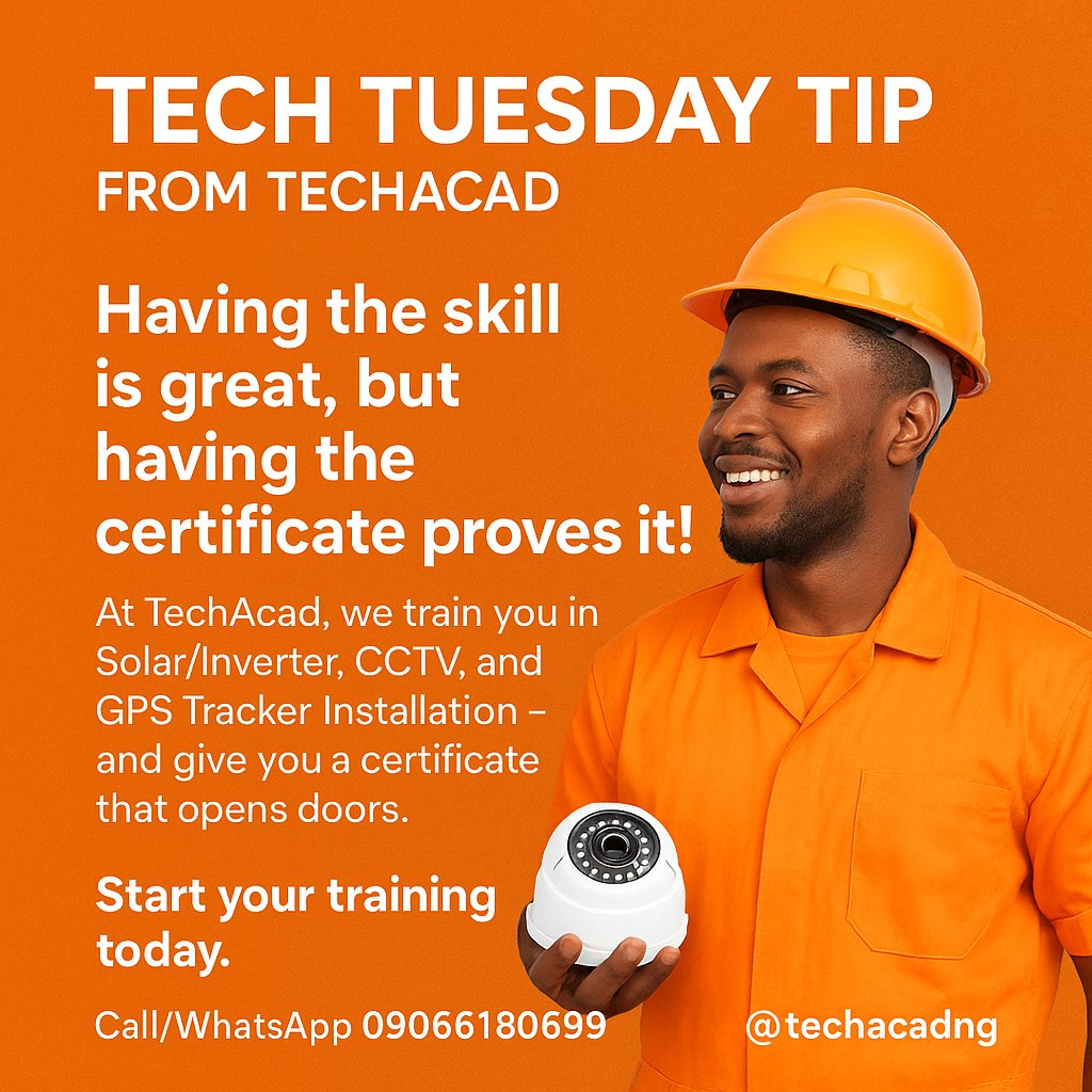 techacadng's tweet image. Tech Tuesday Tip:
In Nigeria’s job market, employers want proof of skill. That’s why at TechAcad, we don’t just train you — we certify you. 📜✨
✅ Hands-on training
✅ Professional certification
✅ Career-ready skills
📞 09066180699 | 📍 @techacadng
#TechTuesday #TechAcad
