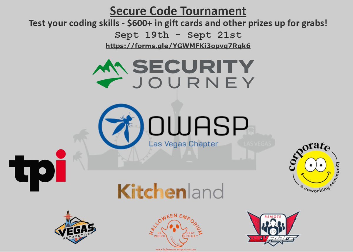 LasVegasOWASP's tweet photo. I'm excited to announce that #OWASP Las Vegas is partnering with #SecurityJourney for a multi-day secure code tournament event hosted with over $600 in gift cards plus other prizes
Signup using the following if you would like to participate in the fun
https://t.co/7CFFYEZuks https://t.co/FrMoOf2Vua
