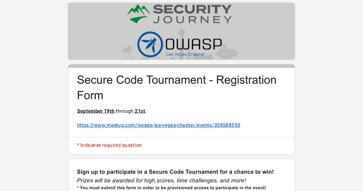LasVegasOWASP's tweet photo. I'm excited to announce that #OWASP Las Vegas is partnering with #SecurityJourney for a multi-day secure code tournament event hosted with over $600 in gift cards plus other prizes
Signup using the following if you would like to participate in the fun
https://t.co/7CFFYEZuks https://t.co/FrMoOf2Vua