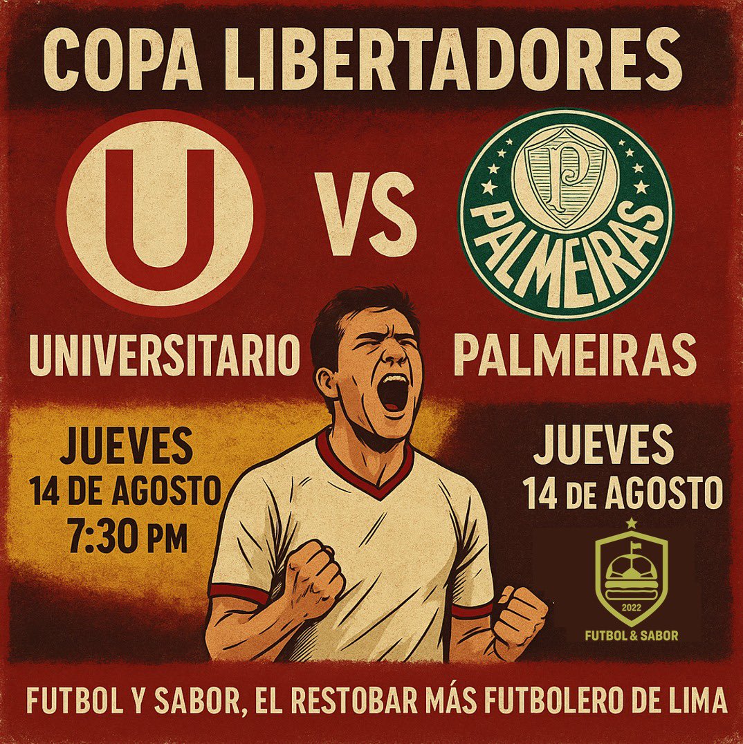 futbolysabor's tweet photo. 🚨Llegó la hora de dar el siguiente paso
💛#Universitario vs Palmeiras

Te esperamos en el restobar más futbolero de Lima⚽️🔥🍻🍔

➡️Envíanos tu reserva por DM
#CopaLibertadores #FutbolySabor https://t.co/LSZE1ZW7iR