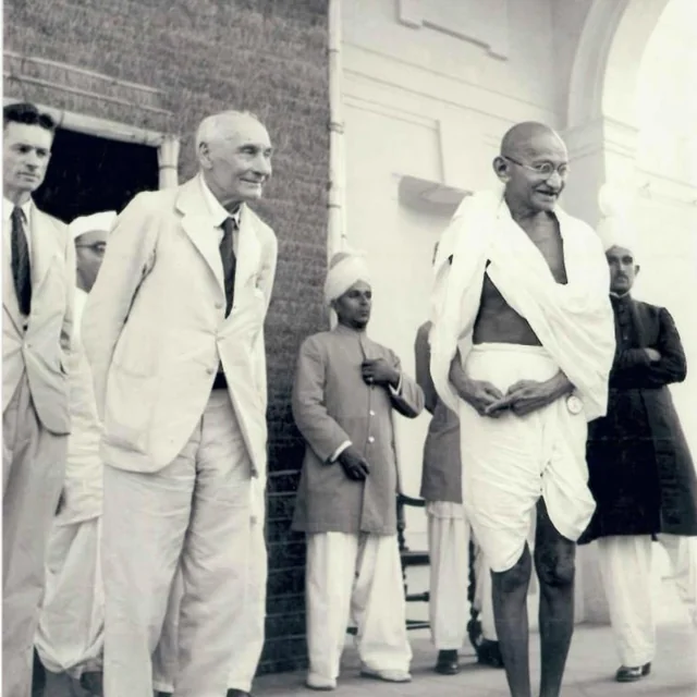 Shri Mahatma Gandhi with British politician Lord Frederick William Pethick-Lawrence, 1946. The source of the portrait of Mahatma Gandhi on Indian banknotes