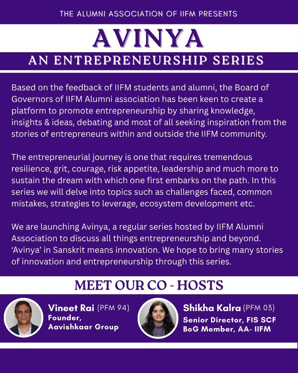 🚀 Introducing AVINYA - Alumni Association’s new series on entrepreneurship &amp; innovation!* A platform to share ideas, tackle challenges, and draw inspiration from entrepreneurial journeys within and beyond the IIFM community. 🌟