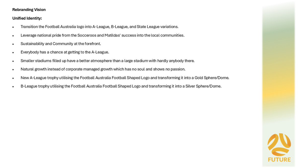 Seeing as <a href="/FootballAUS/">Football Australia</a> wont build a plan for the future of Domestic Football in Australia I have been working on something for the past few months. Some of it is a bit crazy and some of it already exists in different forms but it is a template for change to happen. Part 4 of 6.