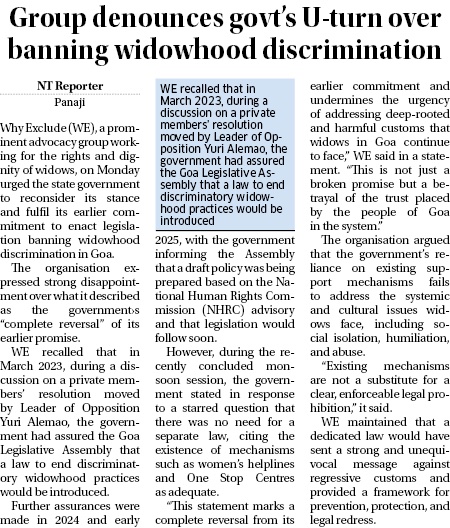 We4NoExclusion's tweet photo. WE calls upon the Government to reconsider its stand, uphold its original promise.  Thank you
@Navhind_Times for the coverage. #Goa #widow #discrimination

@MinistryWCD

@Annapurna4BJP

@MSJEGOI

@goacm
@Yurialemao9 

@prakashkamat

@panktijog

@Drvirendrakum13 https://t.co/OLnQVbafZX