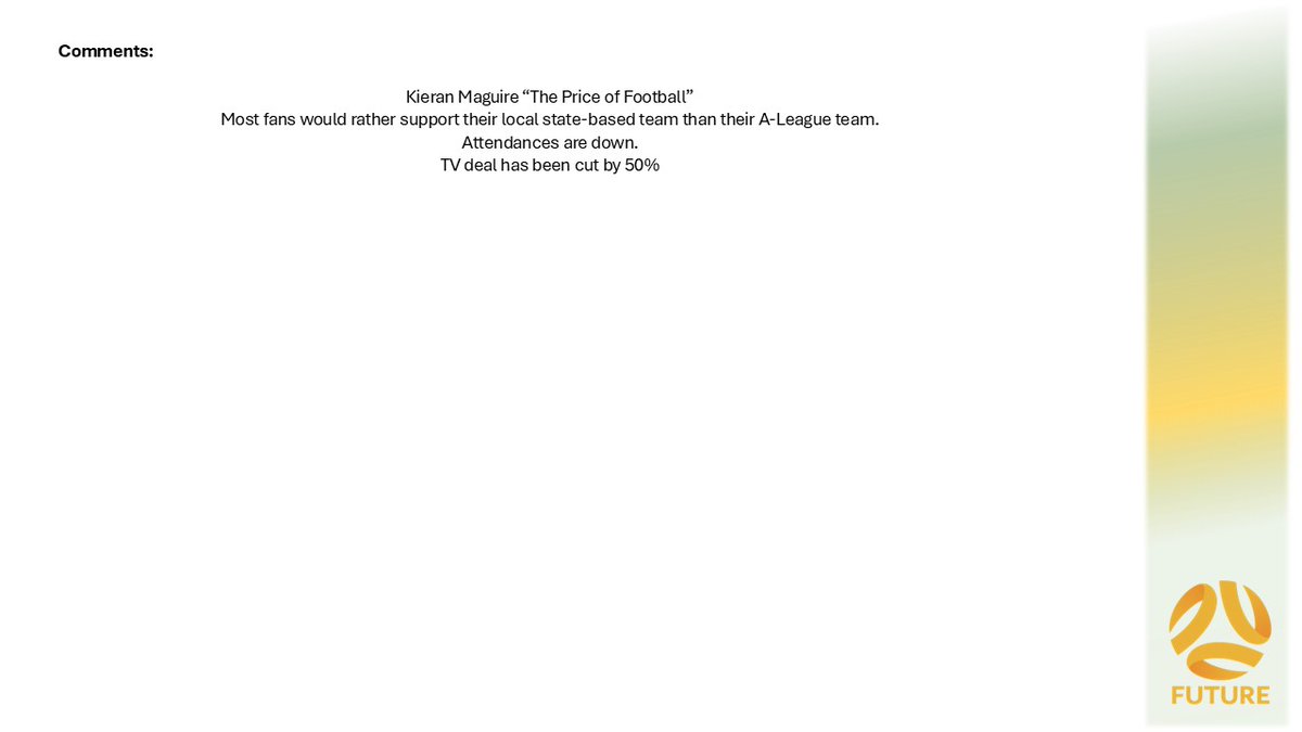 Seeing as <a href="/FootballAUS/">Football Australia</a> wont build a plan for the future of Domestic Football in Australia I have been working on something for the past few months. Some of it is a bit crazy and some of it already exists in different forms but it is a template for change to happen. Part 5 of 6.