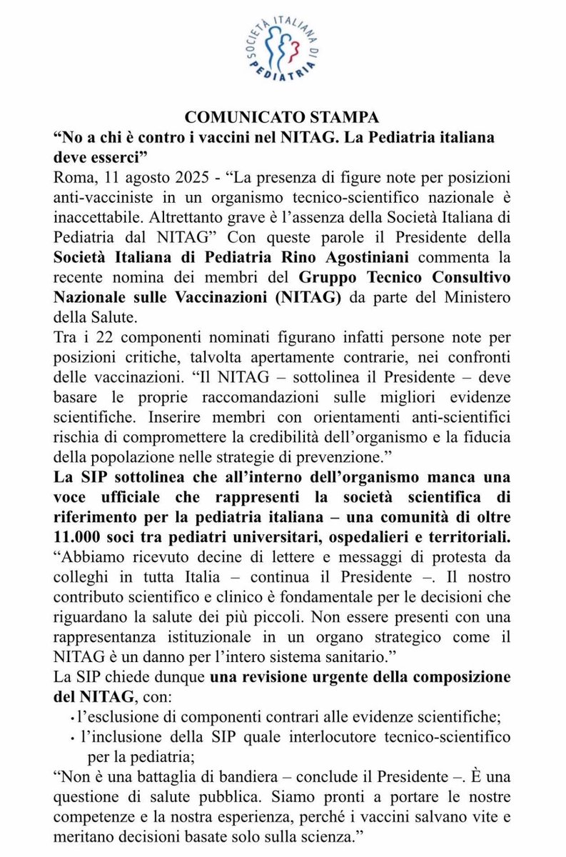 Anche la società italiana di pediatria si schiera contro il Ministro Schillaci per le nomine nella commissione #vaccini. Era tempo che non si vedeva una tale sollevazione del mondo medico-scientifico su una decisione politica. Questa volta il Ministero l’ha combinata davvero