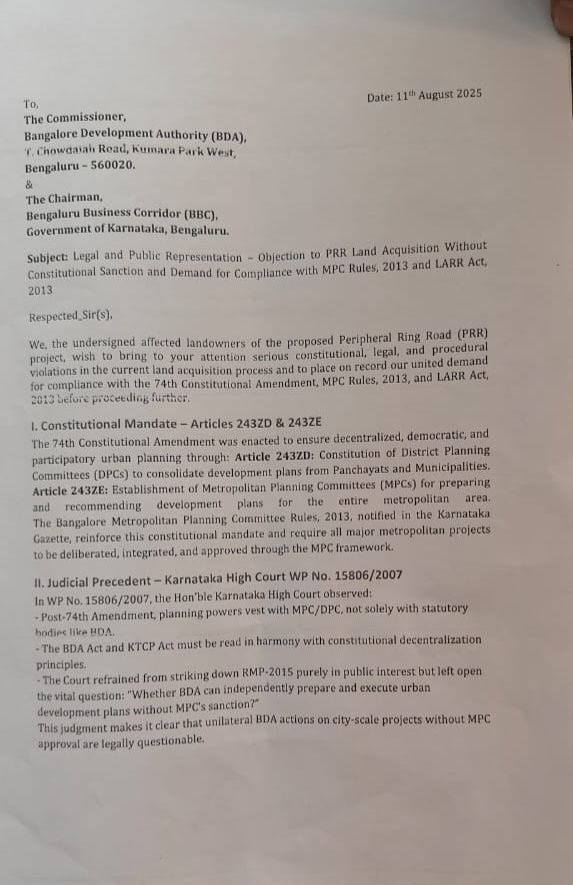 jagadishreddyx's tweet photo. For 20+ years, PRR-affected lands have been locked — no sale, no mortgage, no devlpmnt.

We filed objections, yet BDA’s SLAO now seeks “consent” without:
⚖️ MPC approval (Art. 243ZD &amp; 243ZE)
🏛️ High Court compliance
💰 Fair mkt compensation

Consent without justice = Coercion! https://t.co/DnVxjCQQ7I